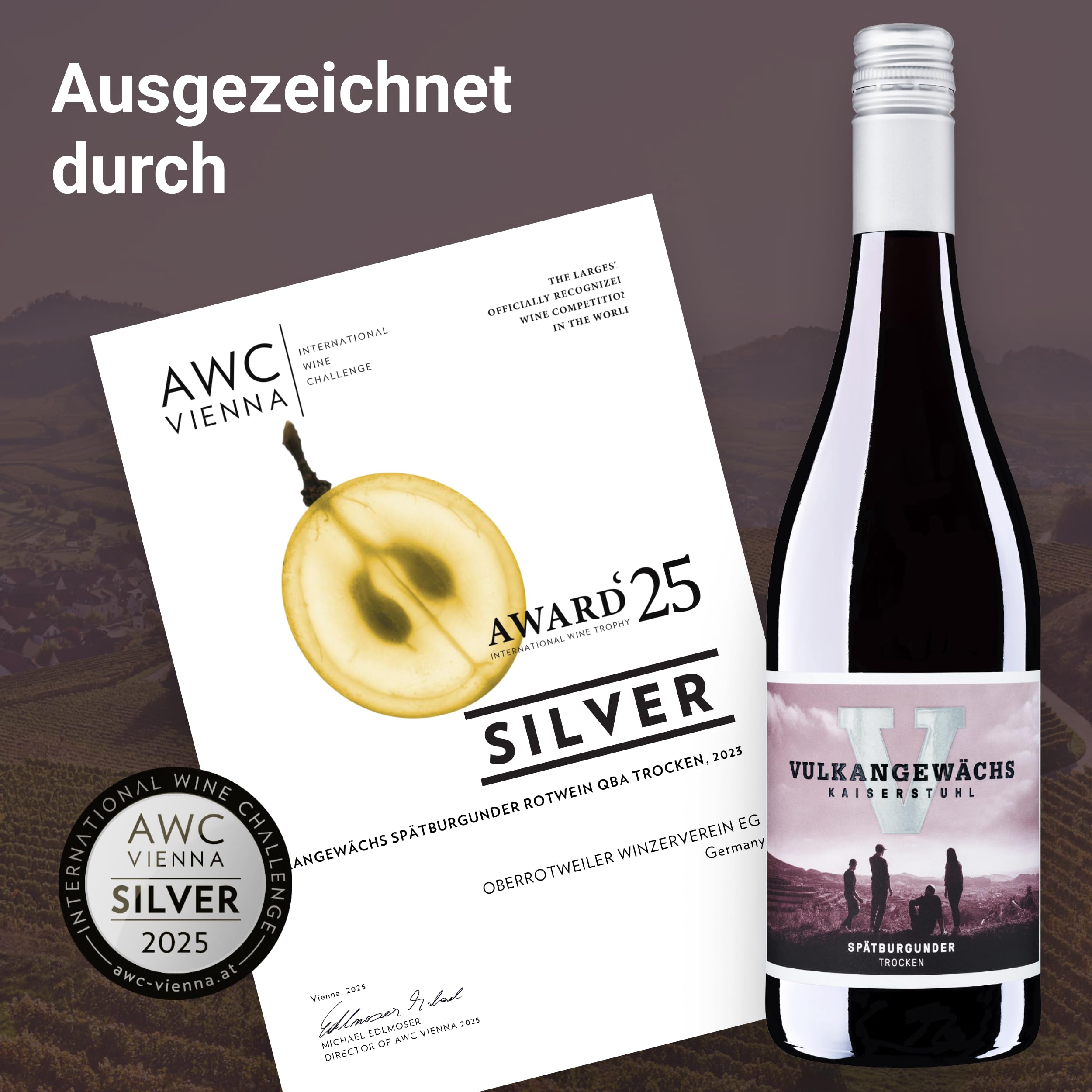 Vulkangewächs Kaiserstuhl Spätburgunder QbA trocken - SILBER 2025 AWC Vienna - Rotwein trocken, ausdrucksstark und kräftig im Geschmack - Badischer Wein (6 x 0,75 l)