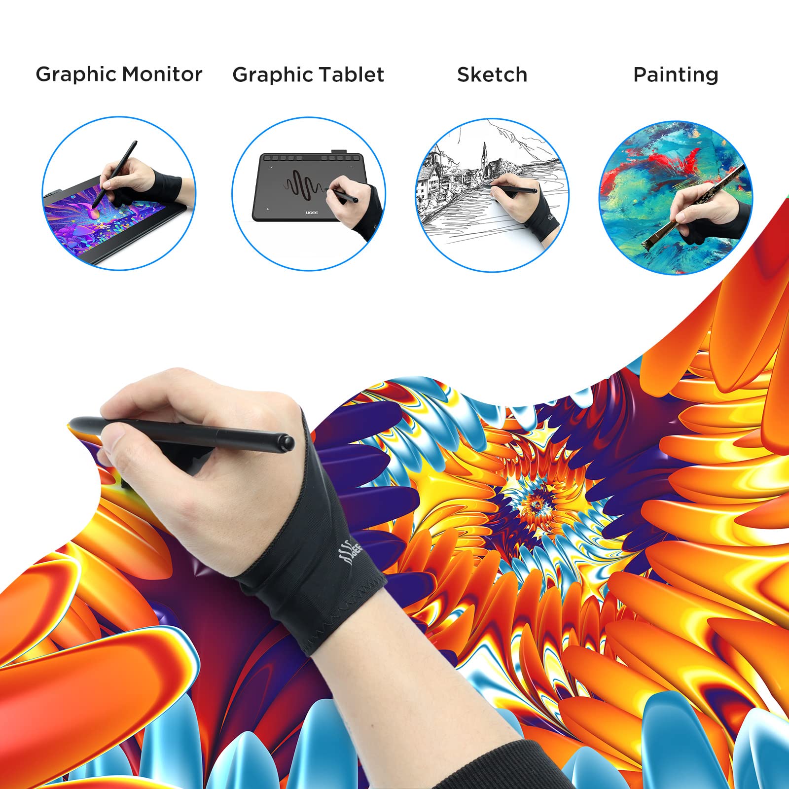 UGEE 1rękawica dla artysty na tablet z grafiką praworęczną, przeciwporostowa, z dwoma palcami do rysowania, czarna