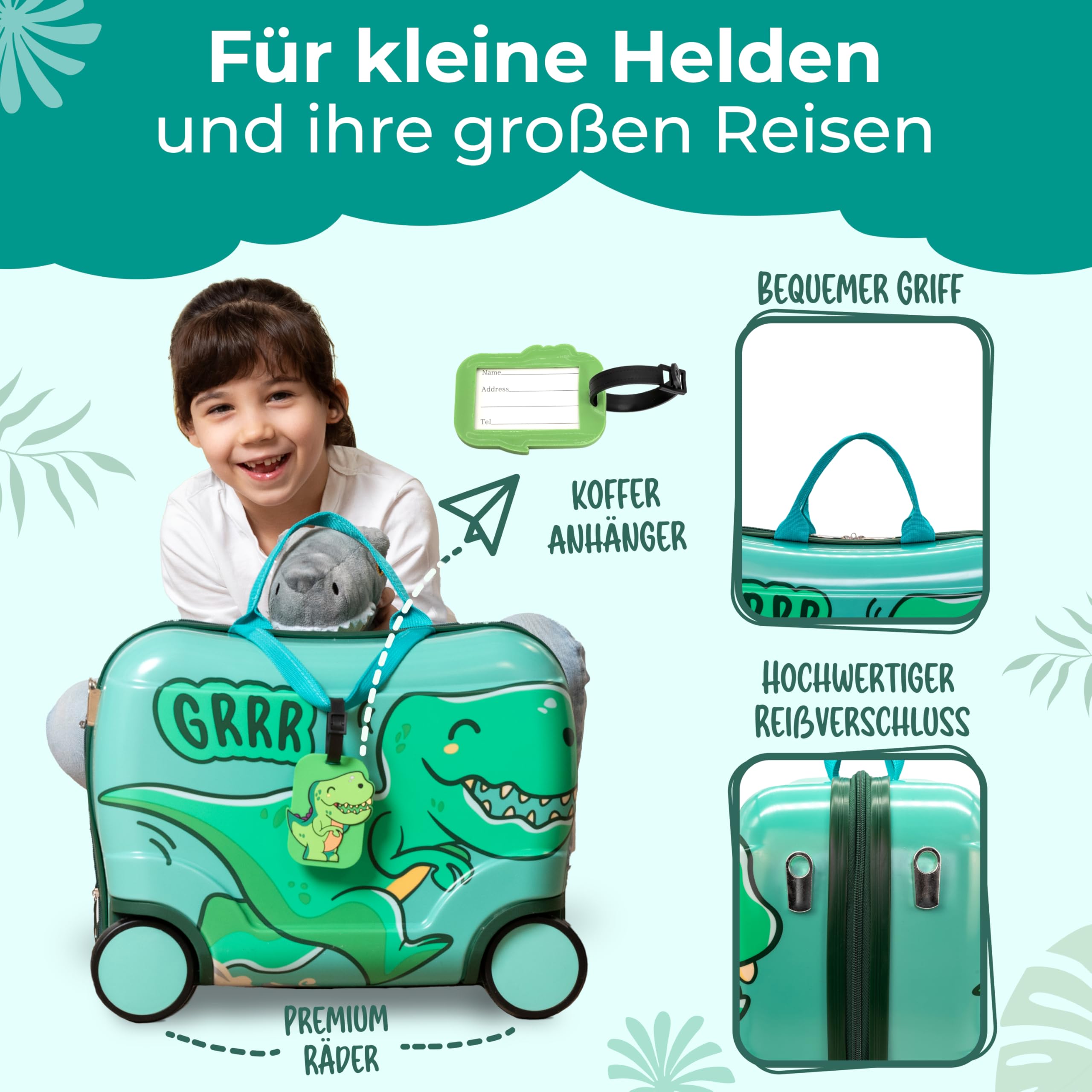 Kinderkoffer zum Draufsitzen als Kinderkoffer Handgepäck & Ersatz für Kindertrolley Jungen - Kinder Reisekoffer für Jungen - Kindergepäck mit Rollen