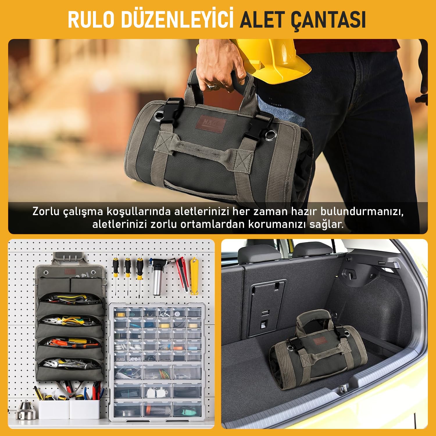 HAEGS Alet Çantası, Ağır Hizmet Tipi Kanvas Rulo Takım Çantası, Katlanabilir Alet Organizer El Çantası, Tamirci Marangoz Teknisyen Hobici Takım Çantası, Alet Takım Anahtar Düzenleyici Çanta Haki