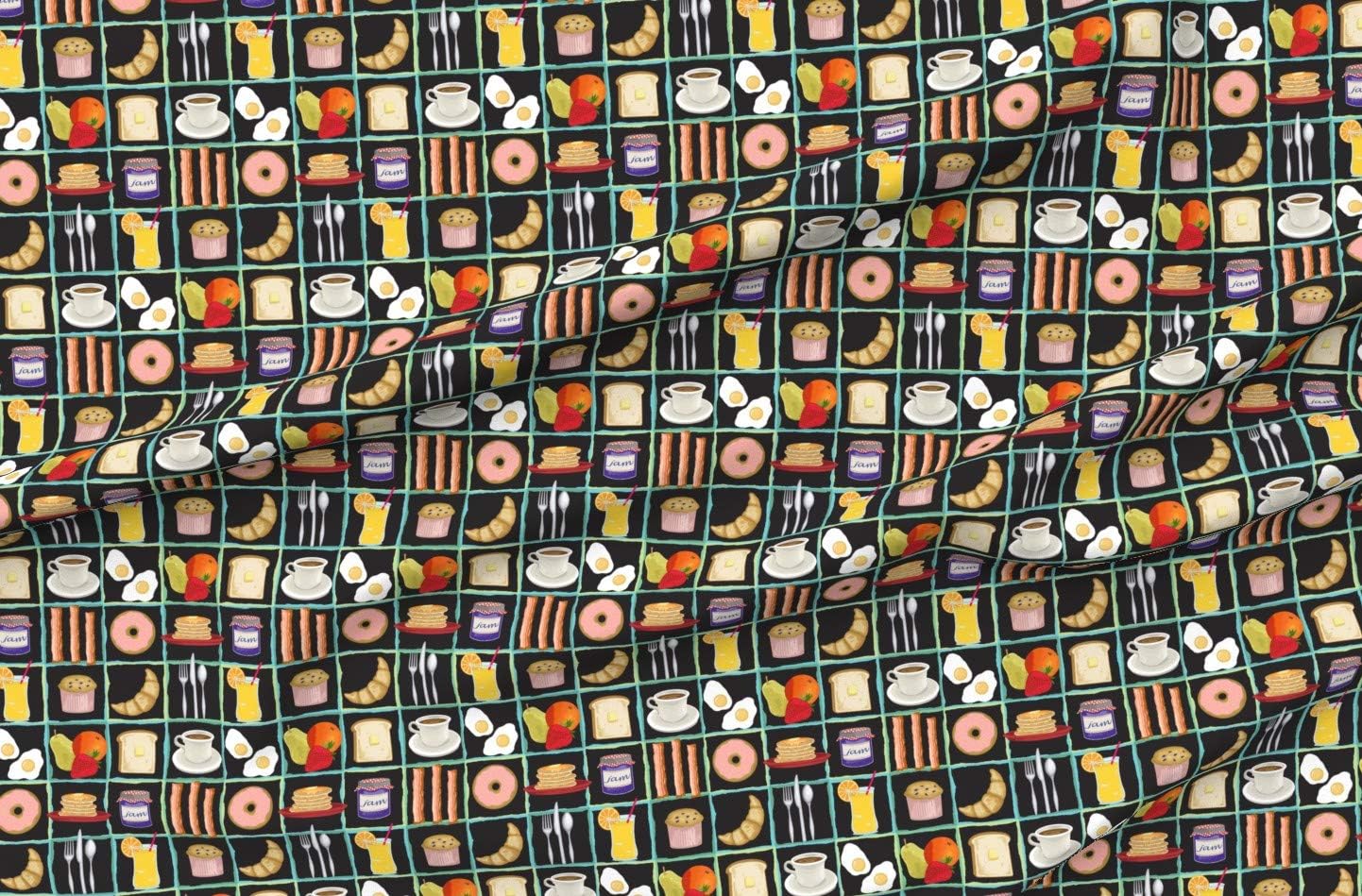 Spoonflower Fabric - Breakfast Pancakes Fruit Coffee Food Whimsical Kitchen Decor Printed on Organic Cotton Sateen Fabric by The Yard - Sewing Quilting Apparel Home Decor