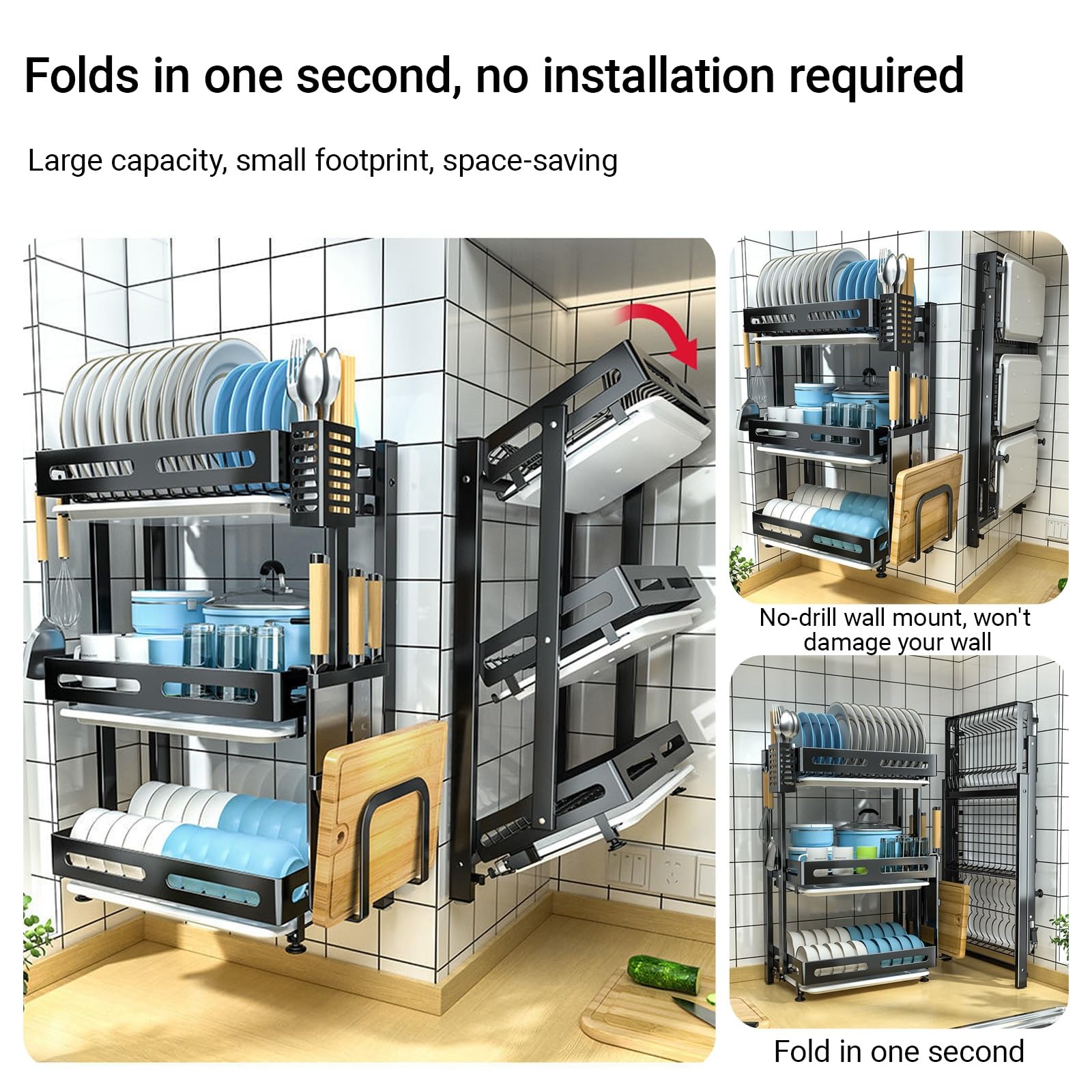 Égouttoir à Vaisselle Pliable 2 en 1 - Fixation Murale et sur Plan de Travail sans perçage, Acier Inoxydable avec bacs de récupération d'eau pour Petites Cuisines/Appartements (Grand Format)