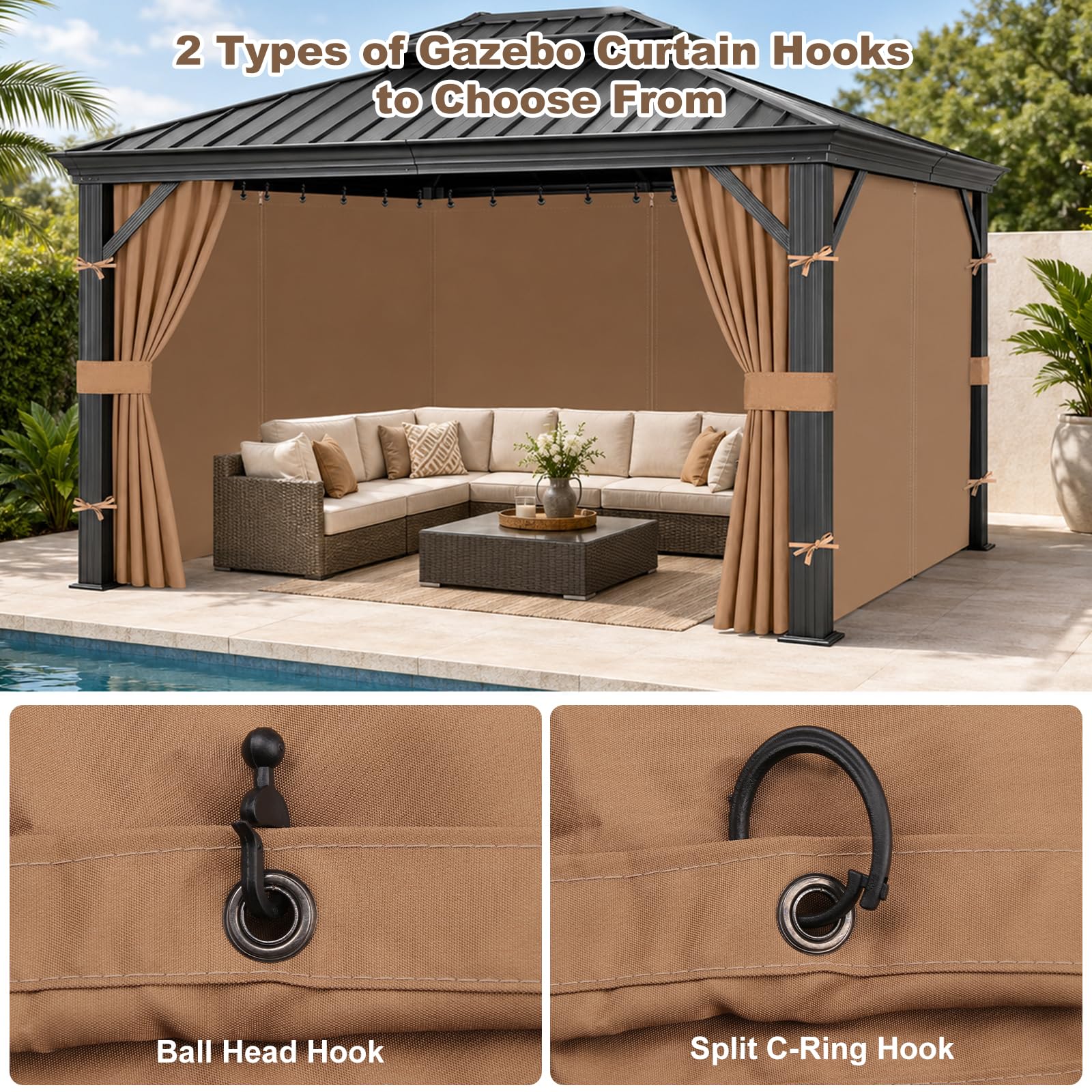 Rideaux Extérieurs de Rechange Imperméable pour Tonnelle 3 x 3 m, Toiles Latérales à 4 Panneaux Intérieur Extérieur Oxford 300D avec Fermeture Éclair, Crochets pour Pavillon, Pergola, Kaki