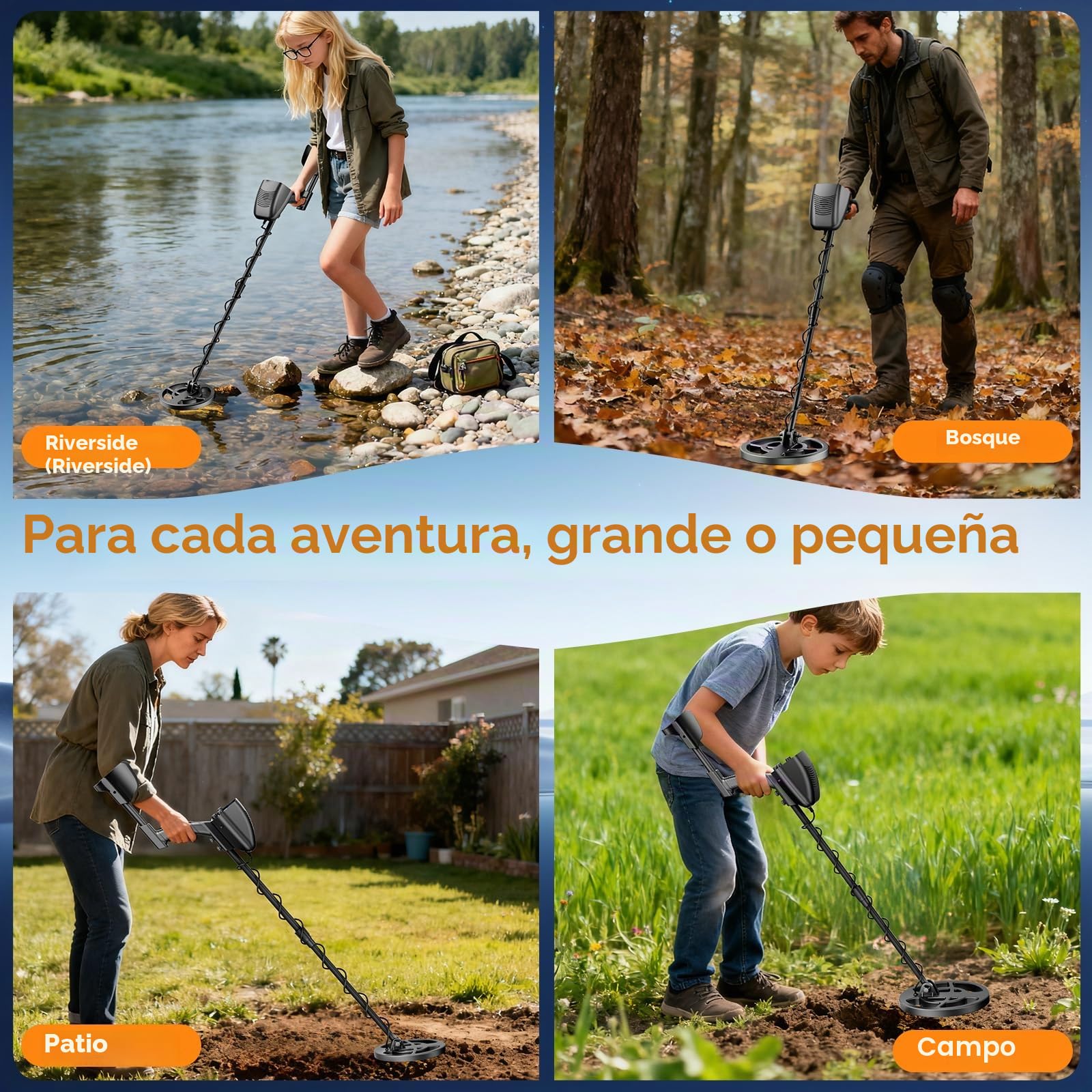 Detector de Metales de Alta Precisión, Detector de Metales Impermeable Detector Oro Ajustable 94-122 cm con Bobina de Detección 18cm, Apto para Niños y Adultos (Detector Azul)