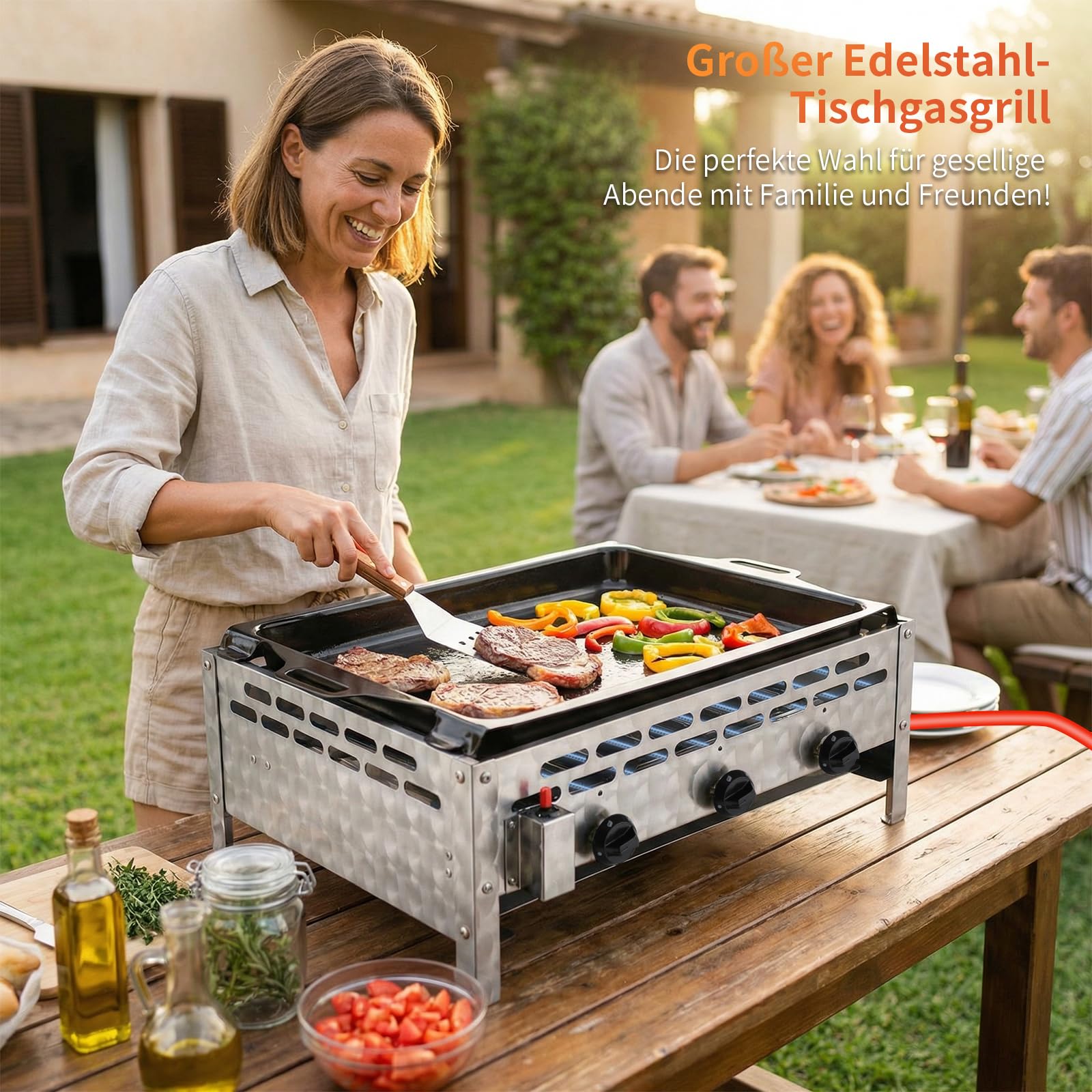 TLSUNNY Edelstahl Gasbräter 3-flammig 12 kW, Gasgrill Kommerzieller, Profi Gastrobräter & Tischbräter mit Emaille-Grillplatte, Gleichmäßig Tischgrill für Gastronomie, Outdoor, Garten, 69x52x27 cm