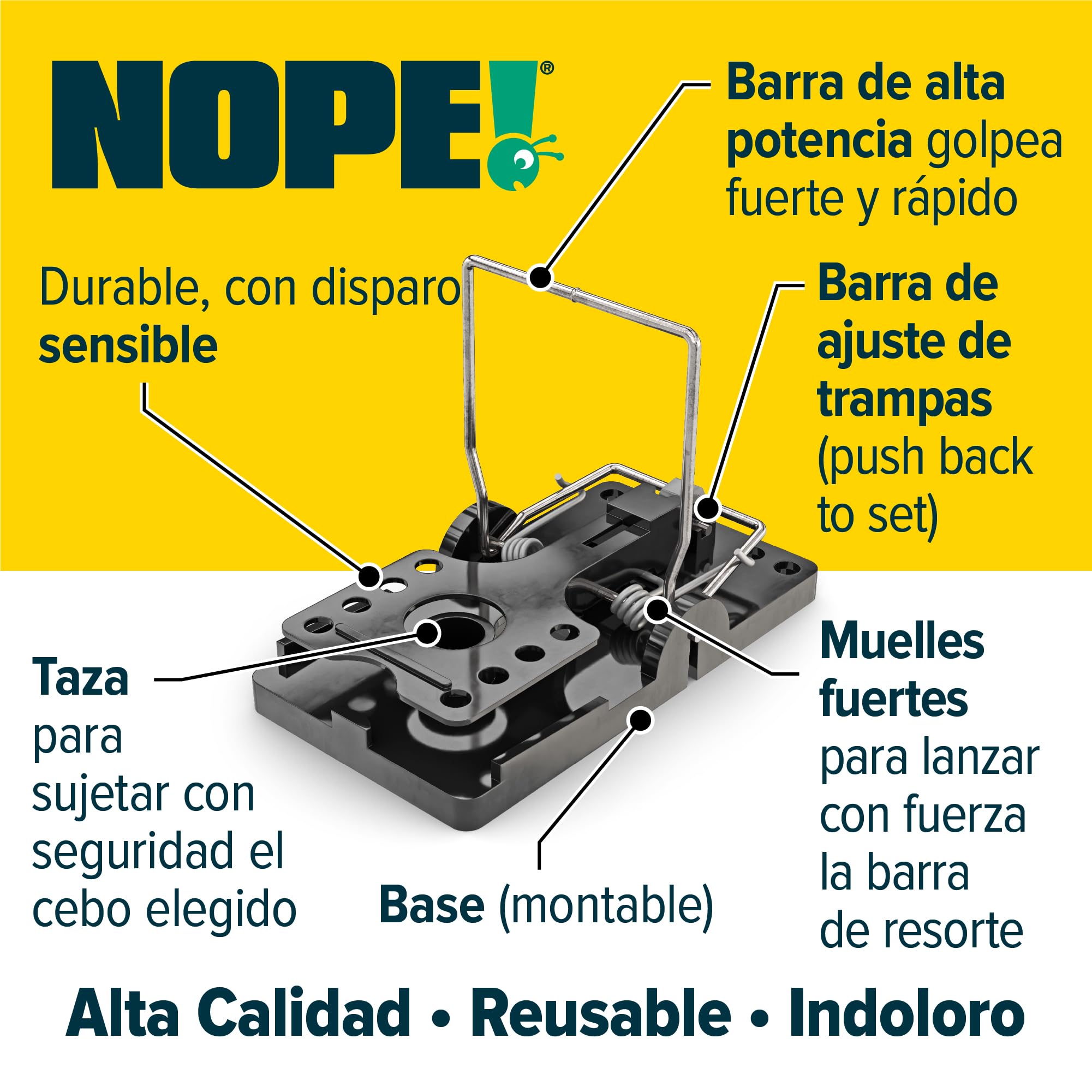 NOPE!® Trampa Súper Potente para Ratas y Ratones (Paquete de 4) | Ratón y Ratonera de Resorte Reutilizable | Control de Plagas sin Veneno | Matarratas Instantáneo
