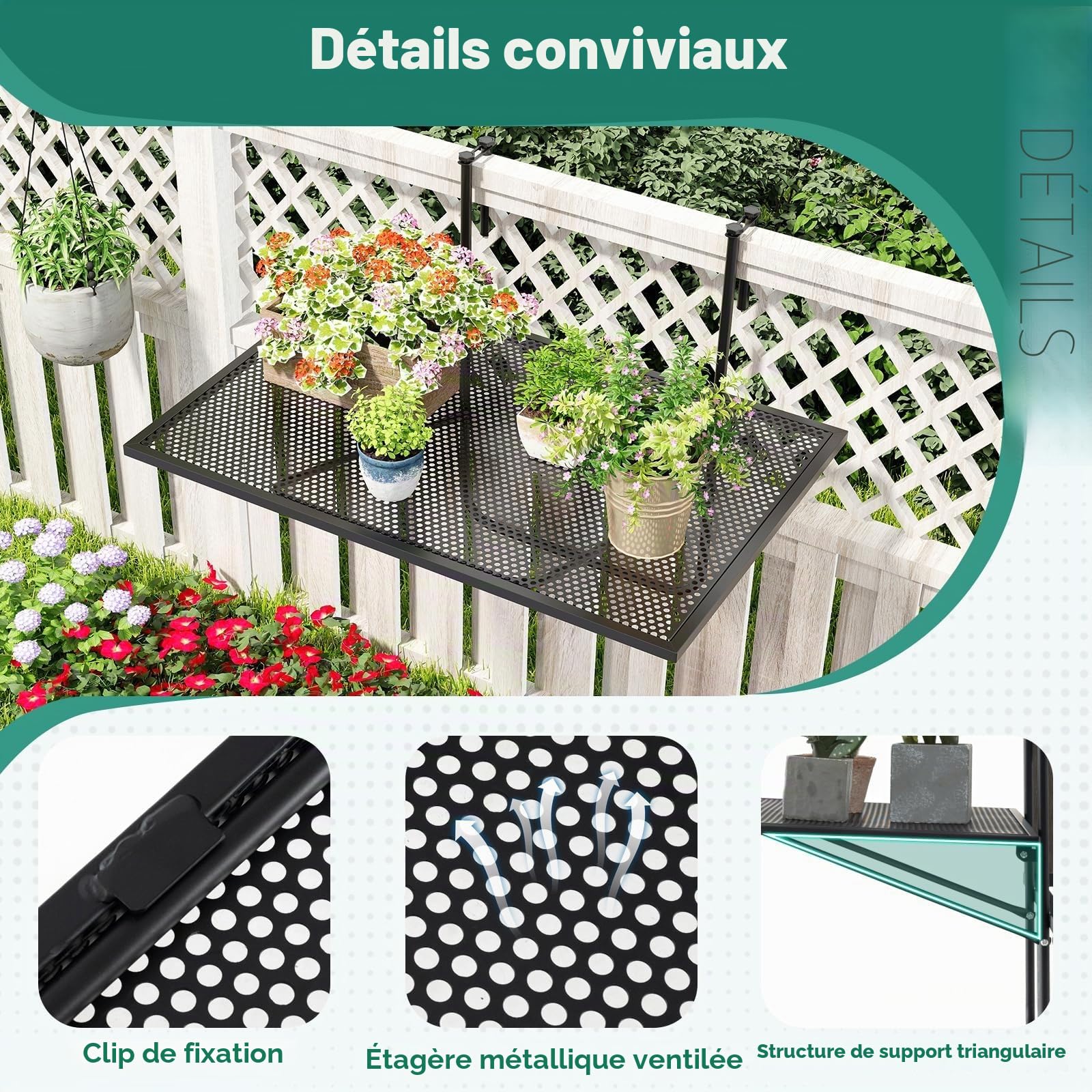 FANTASK 60,5 x 40,5 cm - Table de Balcon Pliable avec Crochets de Suspension réglables - Table de Balcon en métal - Capacité de Charge de 23 kg - Noire