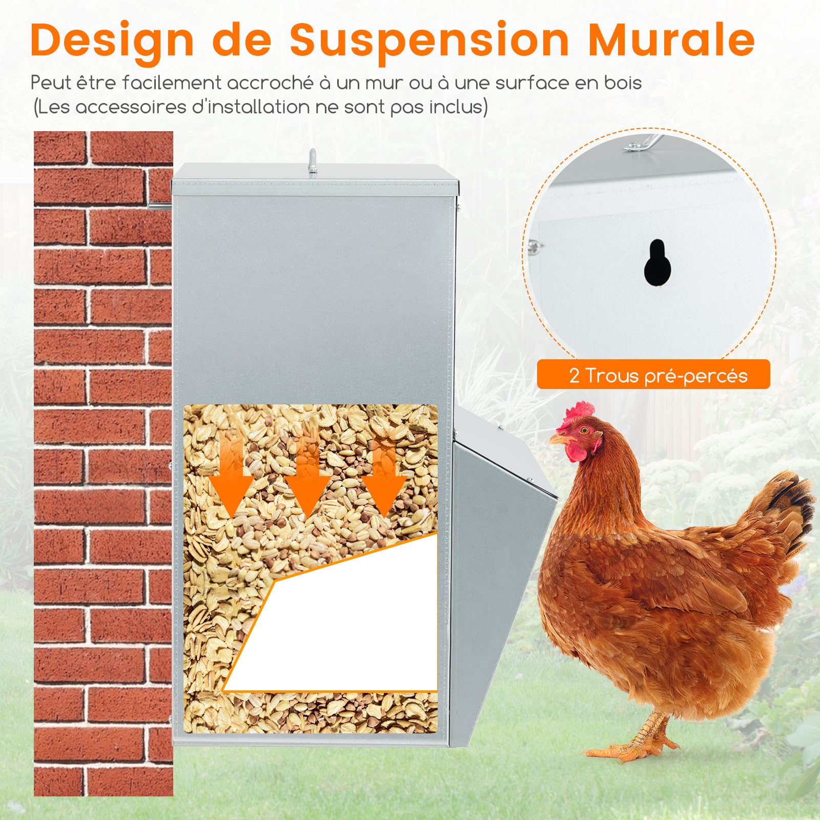 COSTWAY Mangeoire Poules XXL Anti Nuisible 22 kg, Fixation Murale/Sol, Métal Galvanisé, Mangeoire Poule Automatique pour Canards Oies Faisans Dindes, Ideal Microfermes et Élevages Familiaux