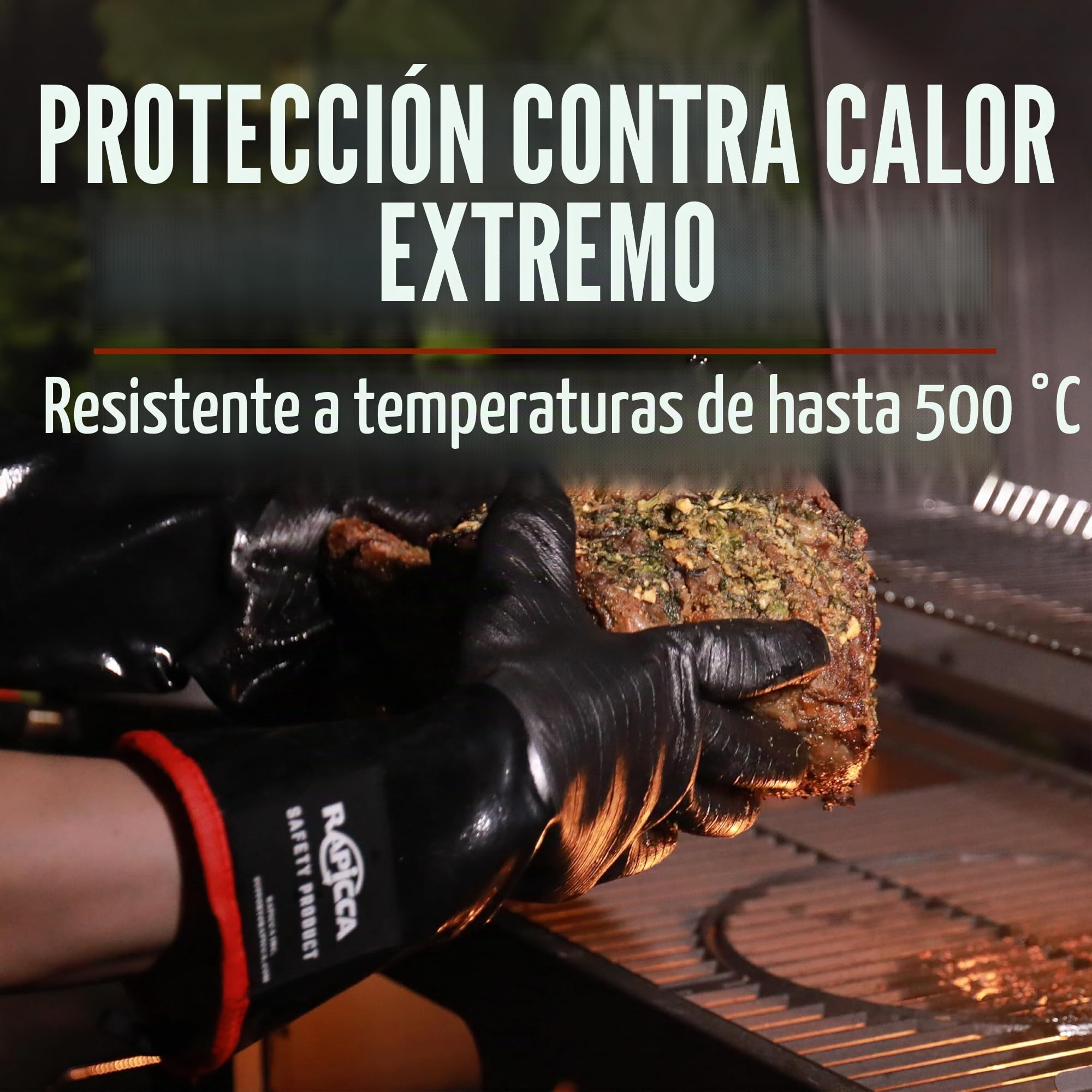 RAPICCA BBQ Parrilla Guantes para Horno, Ahumador Resistente Al Calor, Guantes para Cocinar Barbacoa, Parrilla, Impermeable, Ignífugo, Revestimiento de Neopreno Resistente al Aceite Tamano XL 43.2cm