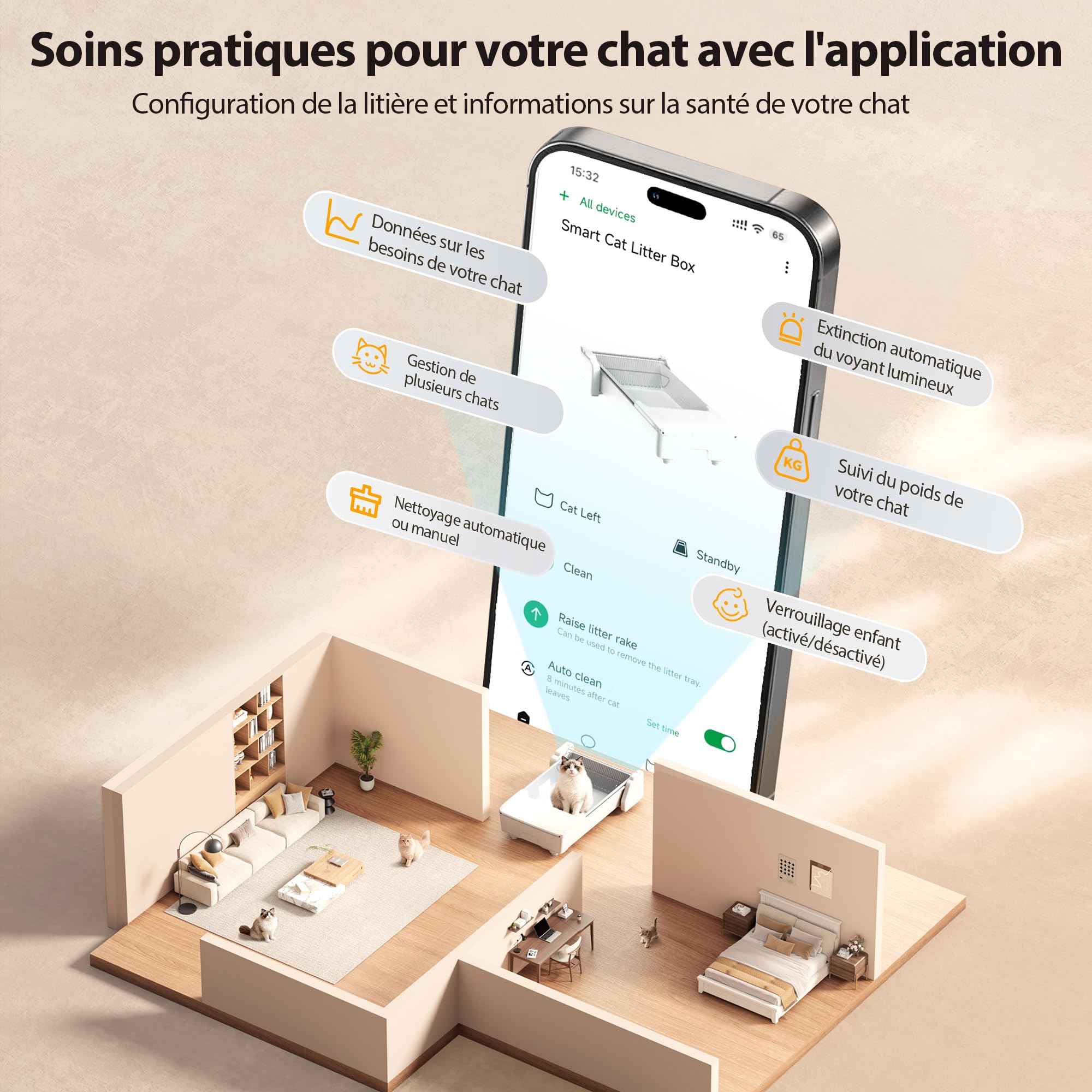 MeoWant Litiere Chat Autonettoyante, Litiere Automatique Espace Ouvert, Double Râteau/Système à Trois Moteurs Coordonnés/Anti-pincement/Ultra Sûr/Contrôlé par APP/Désodorisant
