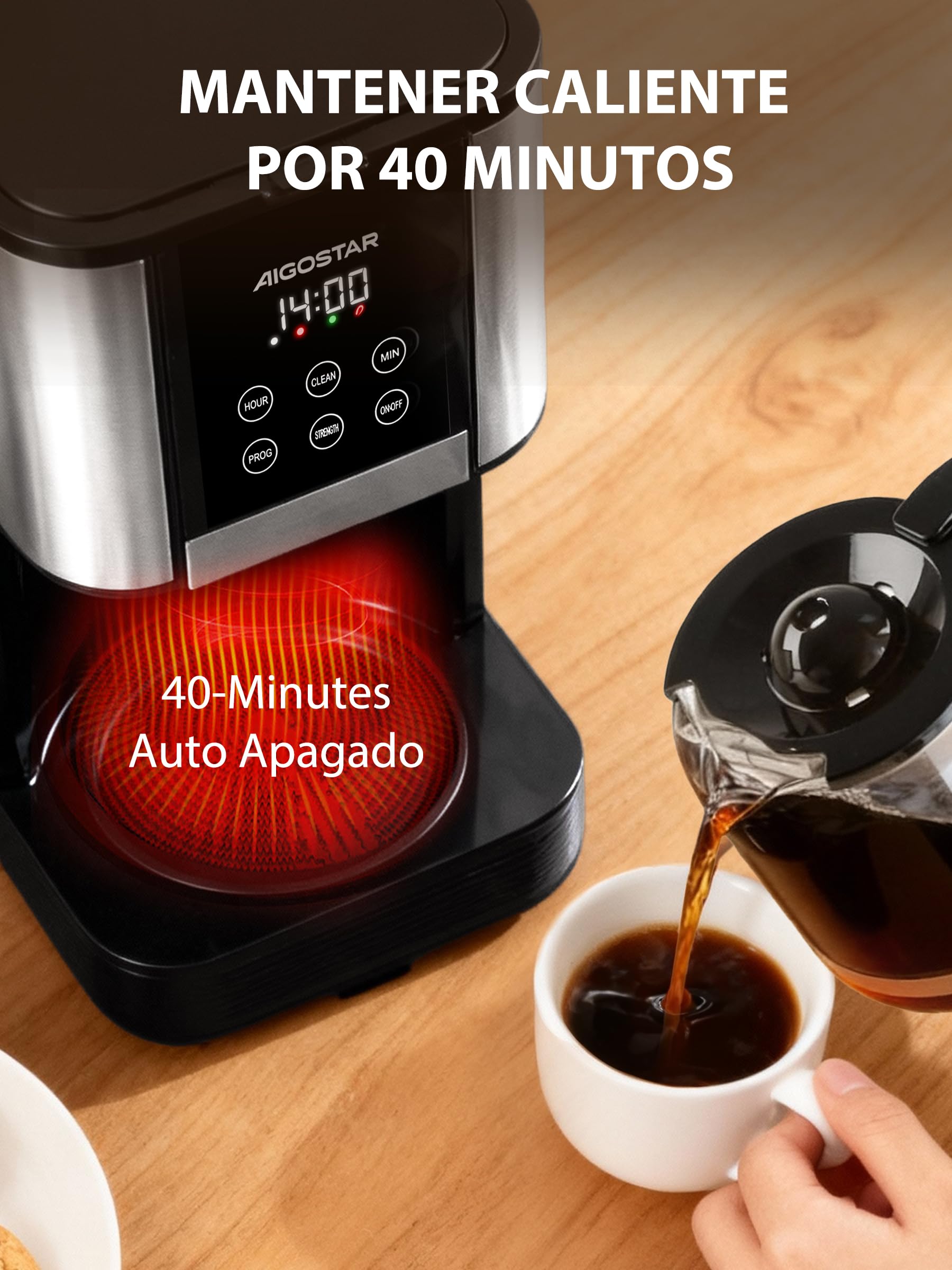 Aigostar Cafetera de Goteo Filtro Programable 24h 1,5L 12 Tazas Acero Inoxidable 1000W Pantalla LCD Ajuste de Intensidad Antigoteo Limpieza Automática Mantenimiento de Calor Negro-Cora