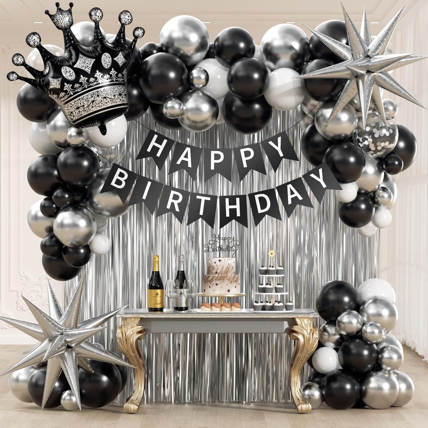 Black Birthday Decorations for Men with White Black and silver Balloons Happy Birthday Banner Metallic Silver Fringe Curtain for 21st 25th 27th 30th 35th 40th 50th 60th Men Birthday Decorations