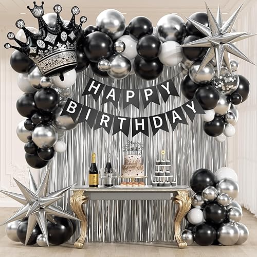 Black Birthday Decorations for Men with White Black and silver Balloons Banner Metallic Silver Fringe Curtain for 21st 25th 27th 30th 35th 40th 50th 60th Men Birthday Decorations