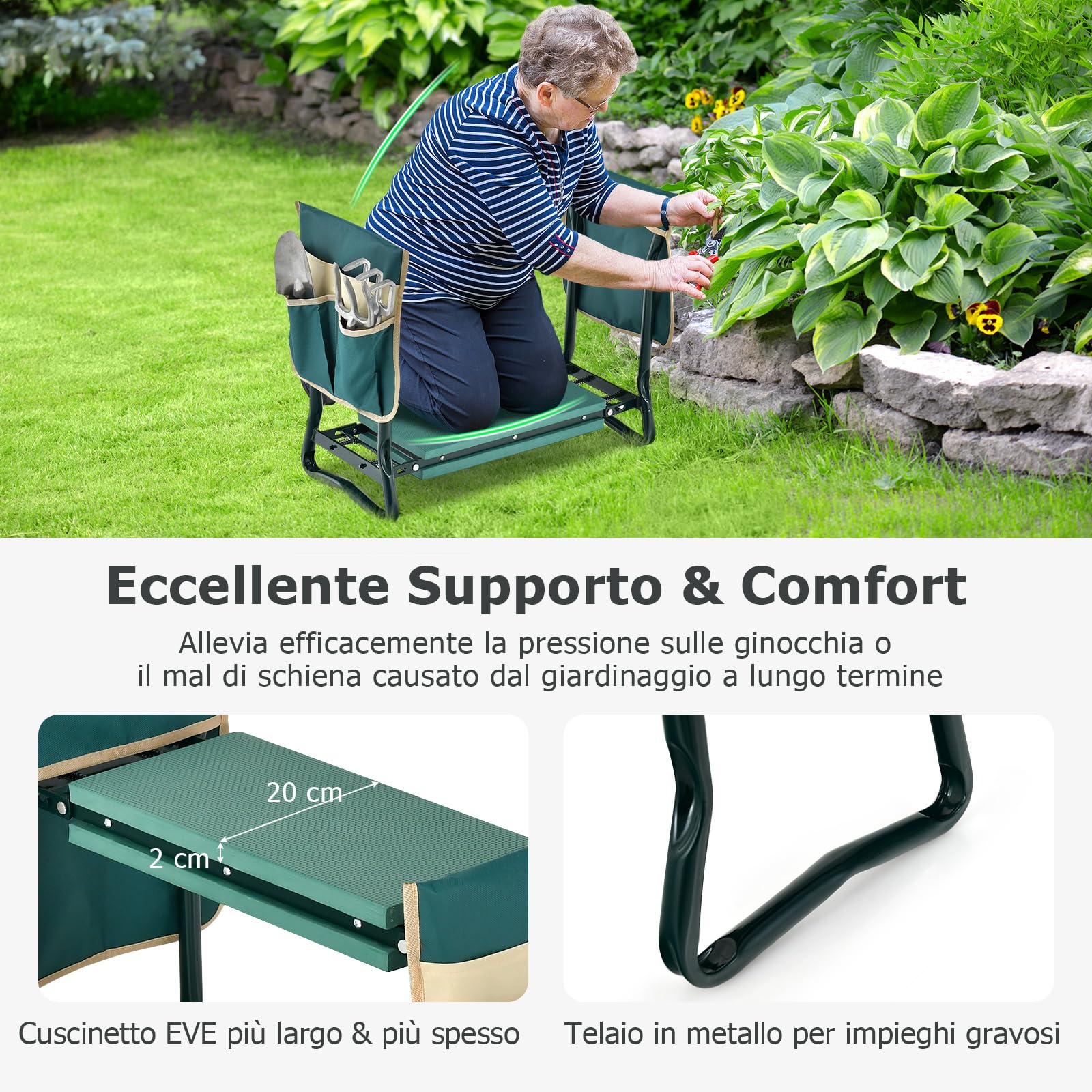 RELAX4LIFE Inginocchiatoio e Sedile da Giardino, Sedile per Giardinaggio Pieghevole e Portatile con 2 Tasche Rimovibili Sedile in Schiuma EVA e Telaio Metallico, Fino a 150KG (2 Tasche)