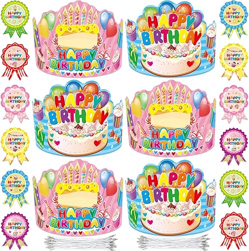 Miniatura 3 de WorldBazaar Coronas de cumpleaños para niños, paquete de 36 sombreros de feliz cumpleaños con calcomanías de insignia, profesor, aula, escuela,