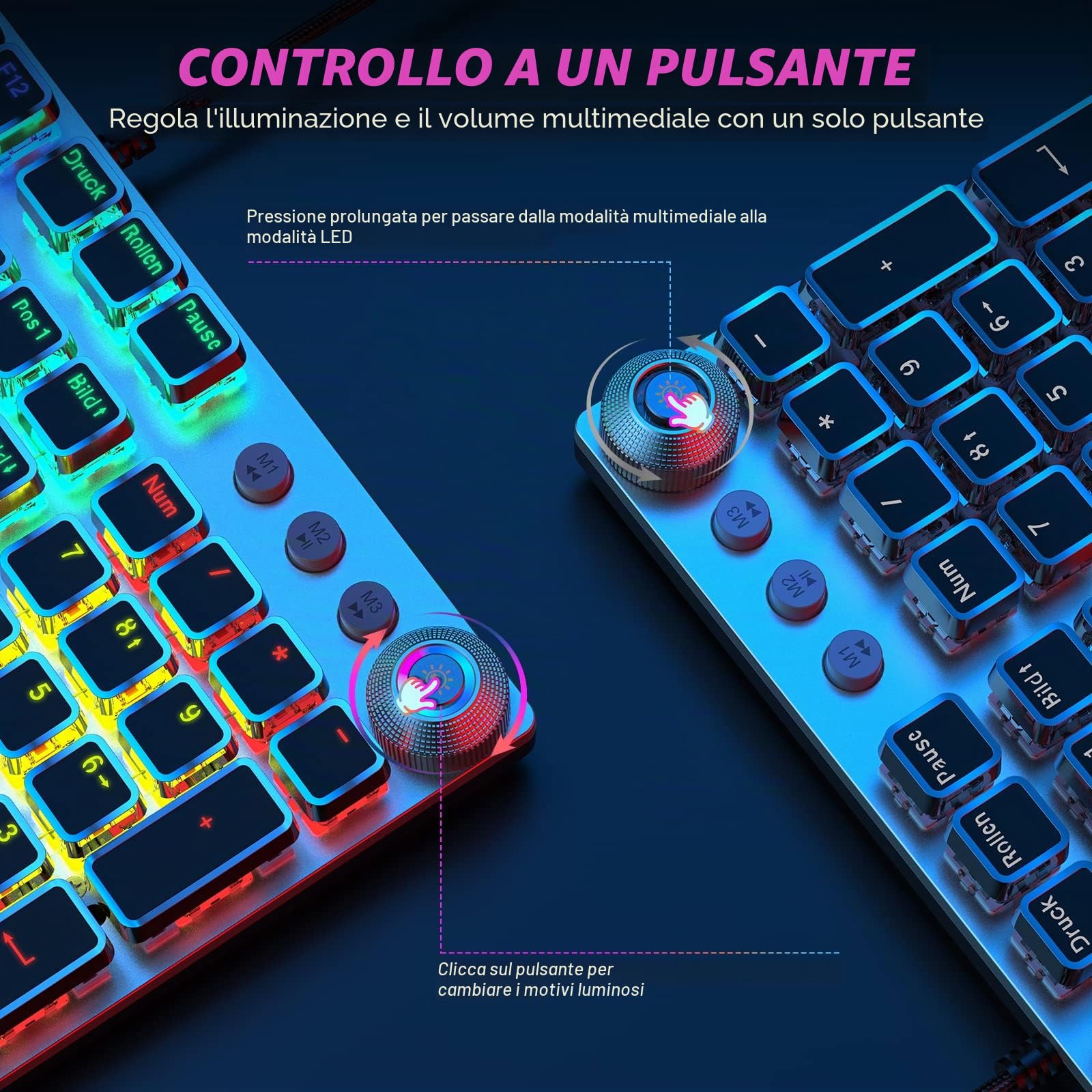 TECURS Tastiera meccanica da gioco con poggiapolsi magnetico e interruttori rossi, tastiera illuminata QWERTZ cablata, 105 tasti con anti-ghosting e manopola multimediale per PC/PS5/PS4
