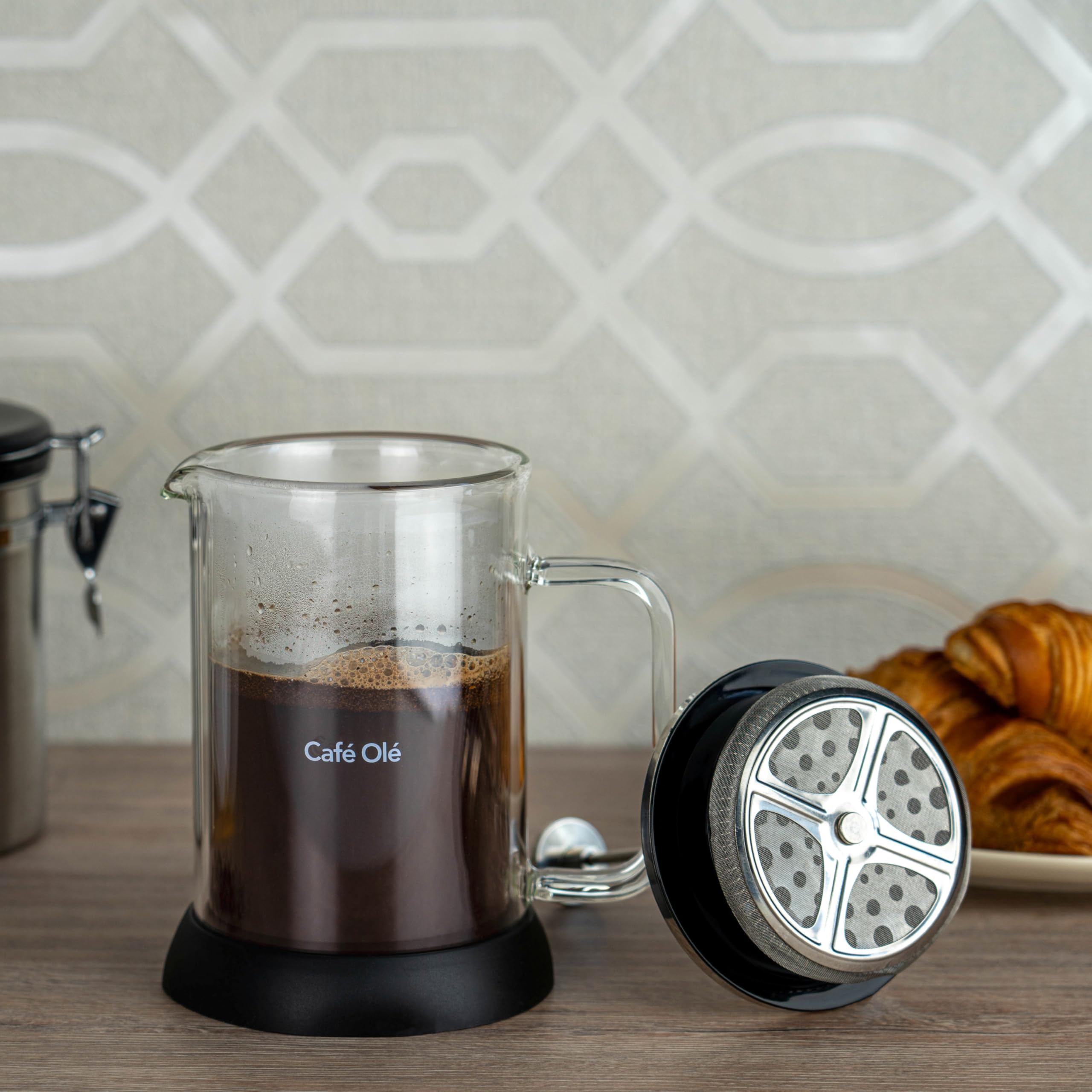 Café Olé Doppio Cafetera de cristal de doble pared, prensa francesa, base antideslizante de silicona, 8 tazas de café expreso/1000 ml, color negro
