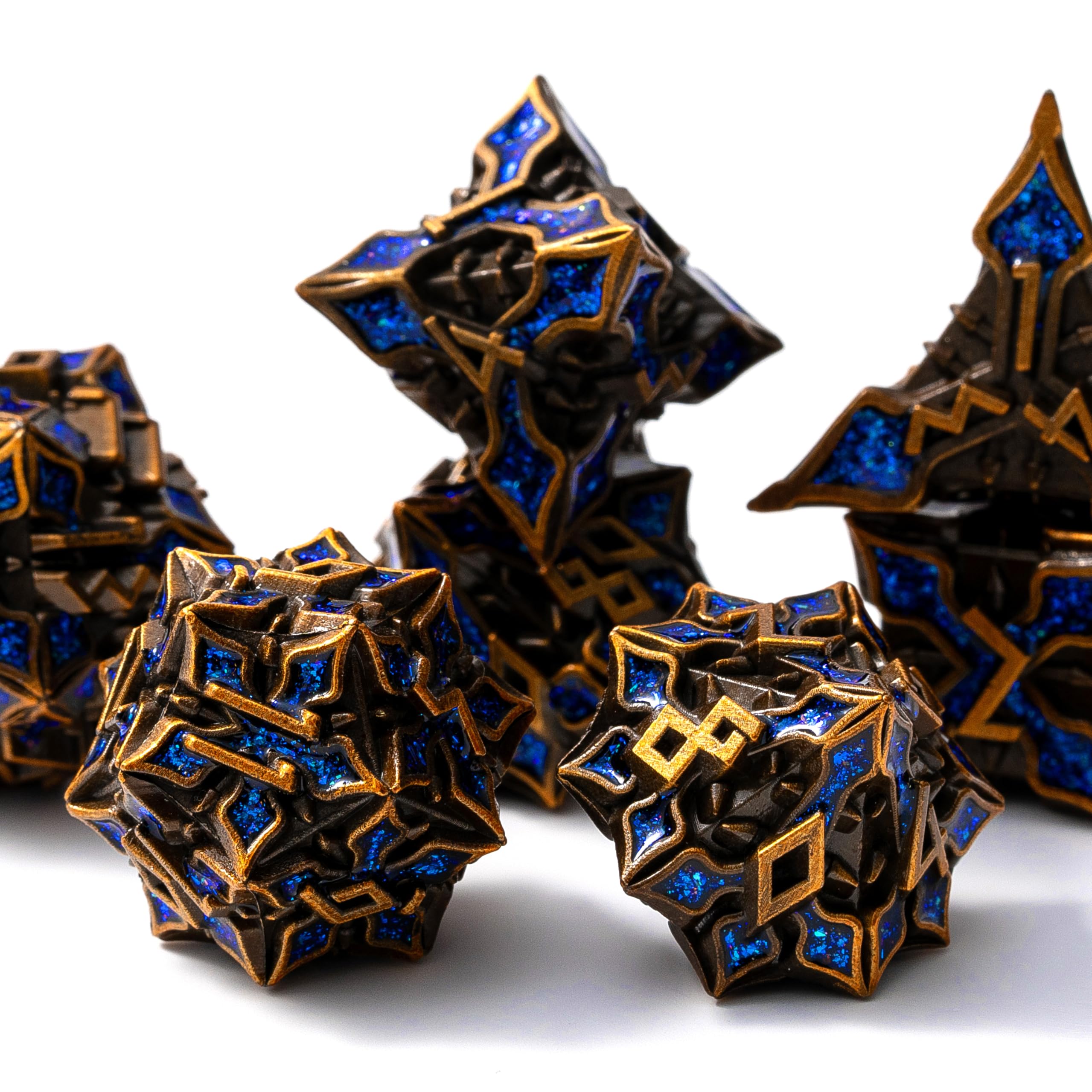 Dadi in metallo per DND, serie Spire Sanctum, set di dadi poliedrici per D&D, giochi di ruolo e altro ancora, rotoli bilanciati, bellissimo set da 7 pezzi per dungeons and dragon (oro antico blu