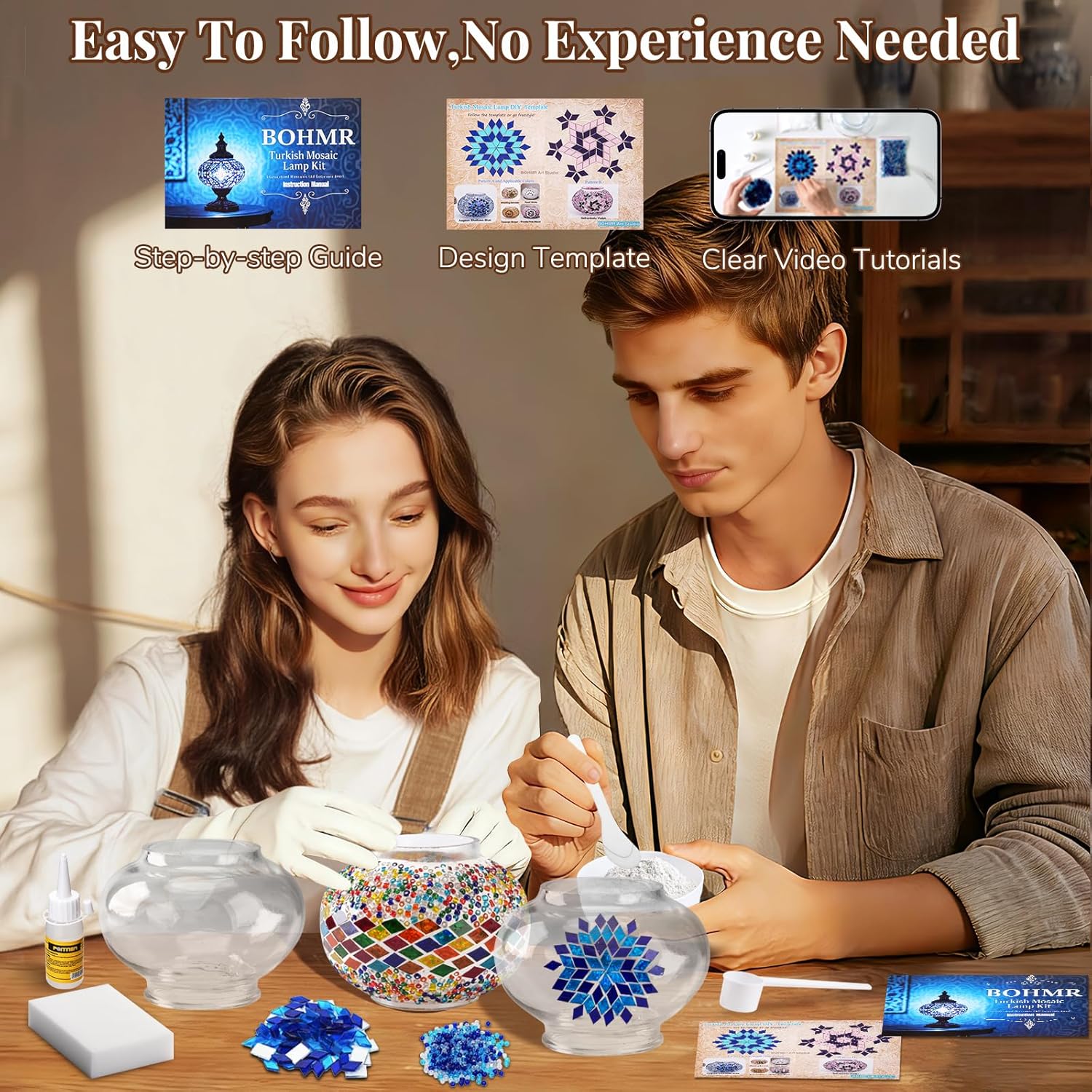 BOHMR DIY 3 Globe Turkish Mosaic Lamp Kit, 23"H Stained Glass Table Lamp Making Kit-Easy & Fun, No Experience Needed, Mosaic Art & Craft Project Kits for Adults & Teens, Make Your Own Lamp, Multicolor