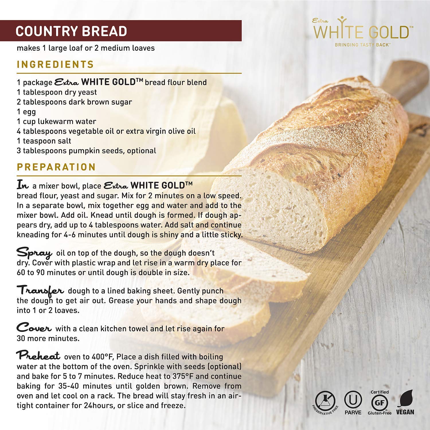 Extra White Gold Gluten Free Bread Flour Blend – For Breads, Yeasted Pastries , Pizza, Focaccia – [Kosher] [Gluten Free] [Vegan] [Soy Free] [Nut Free] [Dairy Free] – 1.1 Pound (4 pack)