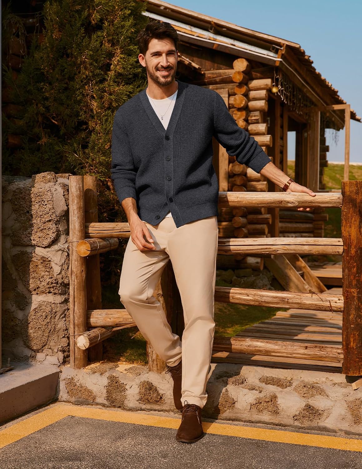 PJ PAUL JONES Mens Waffle Textured Cardigan Sweater Long Sleeve V-Neck Knitted Sweaters - Image 6