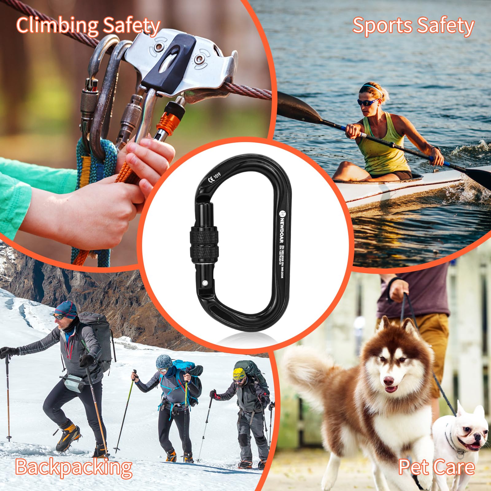 NewDoar 25KN Certifié CE et UIAA Mousqueton d'escalade Professionnel en Forme de O Robuste, à Verrouillage Automatique/à vis pour l'escalade, Le Rappel, Le Sauvetage et l'alpinisme