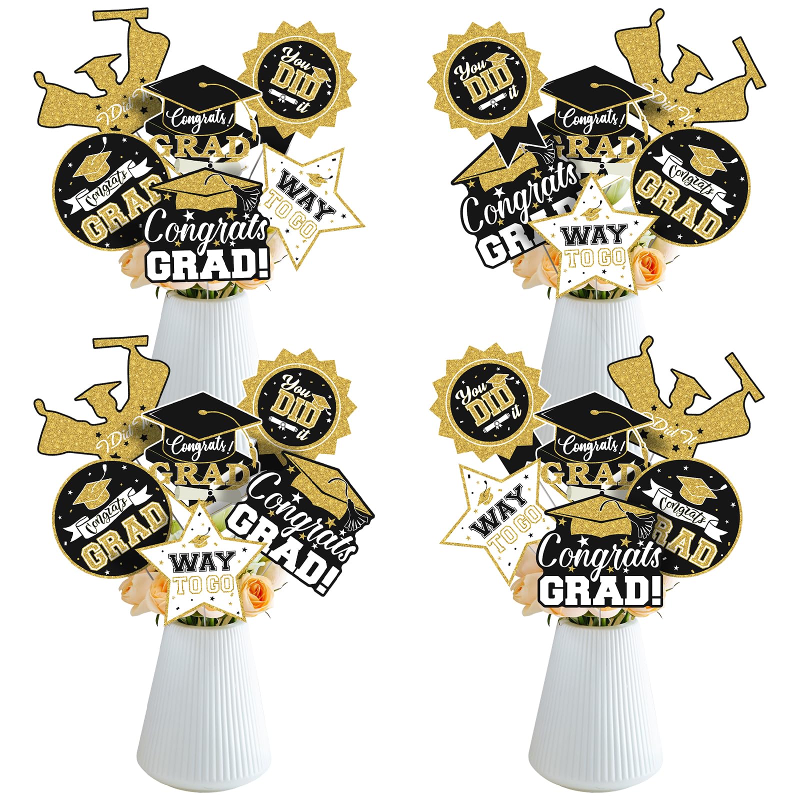 2026 Graduation Party Decorations - 24 Pcs Class of 2026 Congrats Grad Table Centerpieces Graduation Table Decorations Sticks Table Toppers for Graduation Party (Black Gold)
