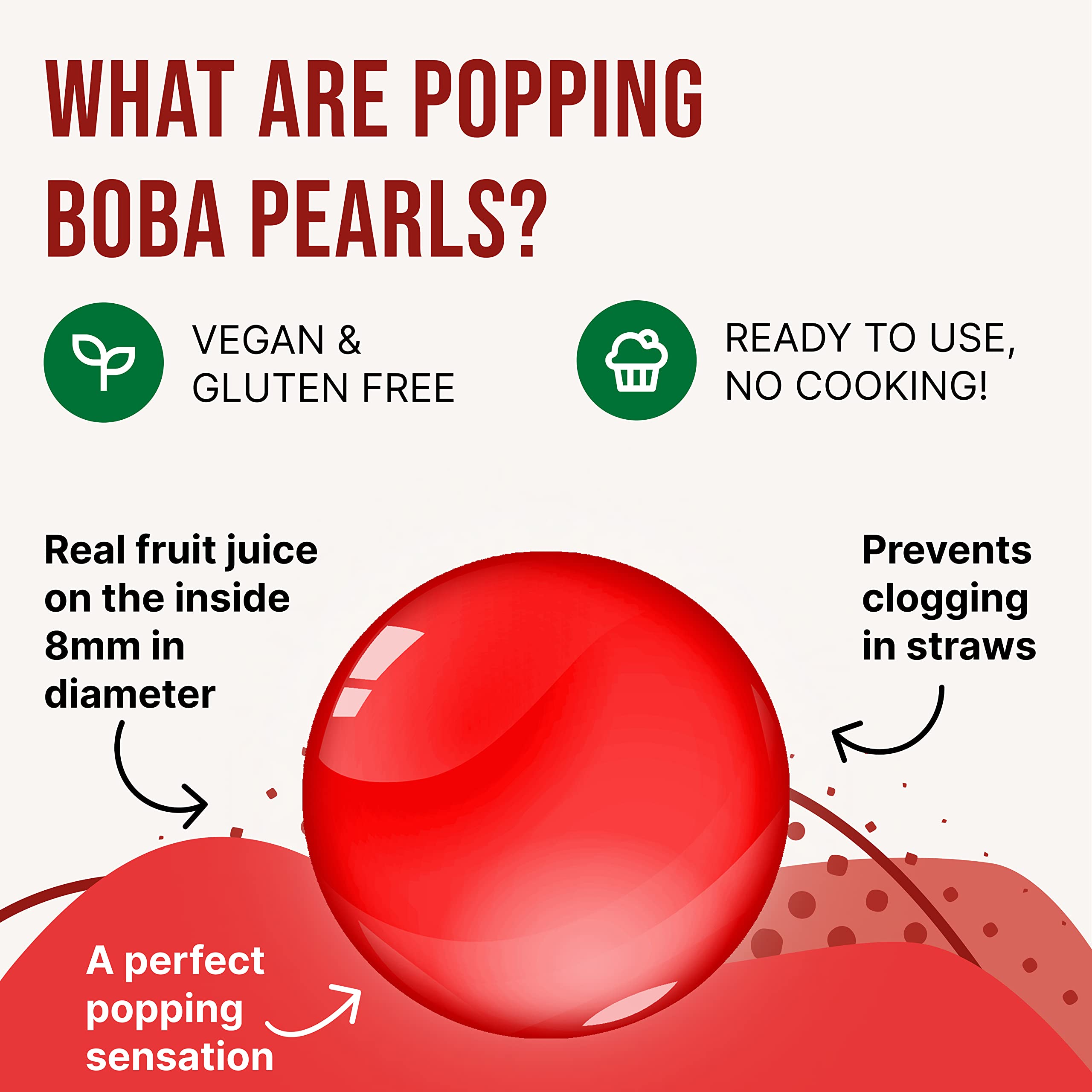 INSPIRE FOOD Bubble Tea Pearls Set - Strawberry Popping Boba 450g, Green Apple Syrup 300ml, 2 Straws
