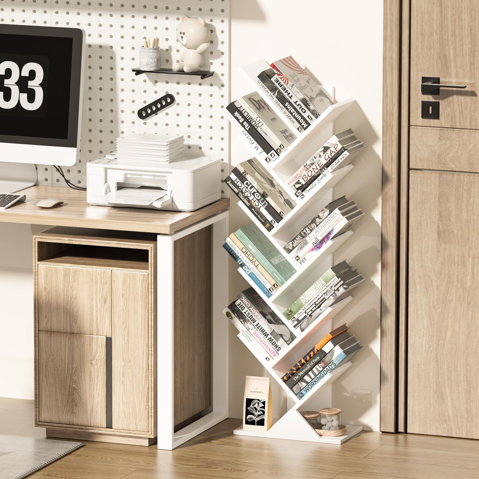 LELELINKY libreria ad albero, scaffale verticale a 10 livelli per libri/CD/riviste, libreria DVD in legno, per soggiorno, camera da letto e ufficio, bianco