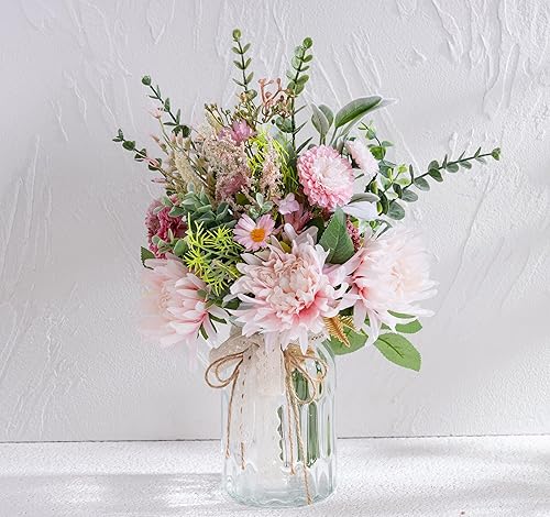 LUEUR Faux Flowers with Vase,Artificial Pink Flowers in Vase, Fake