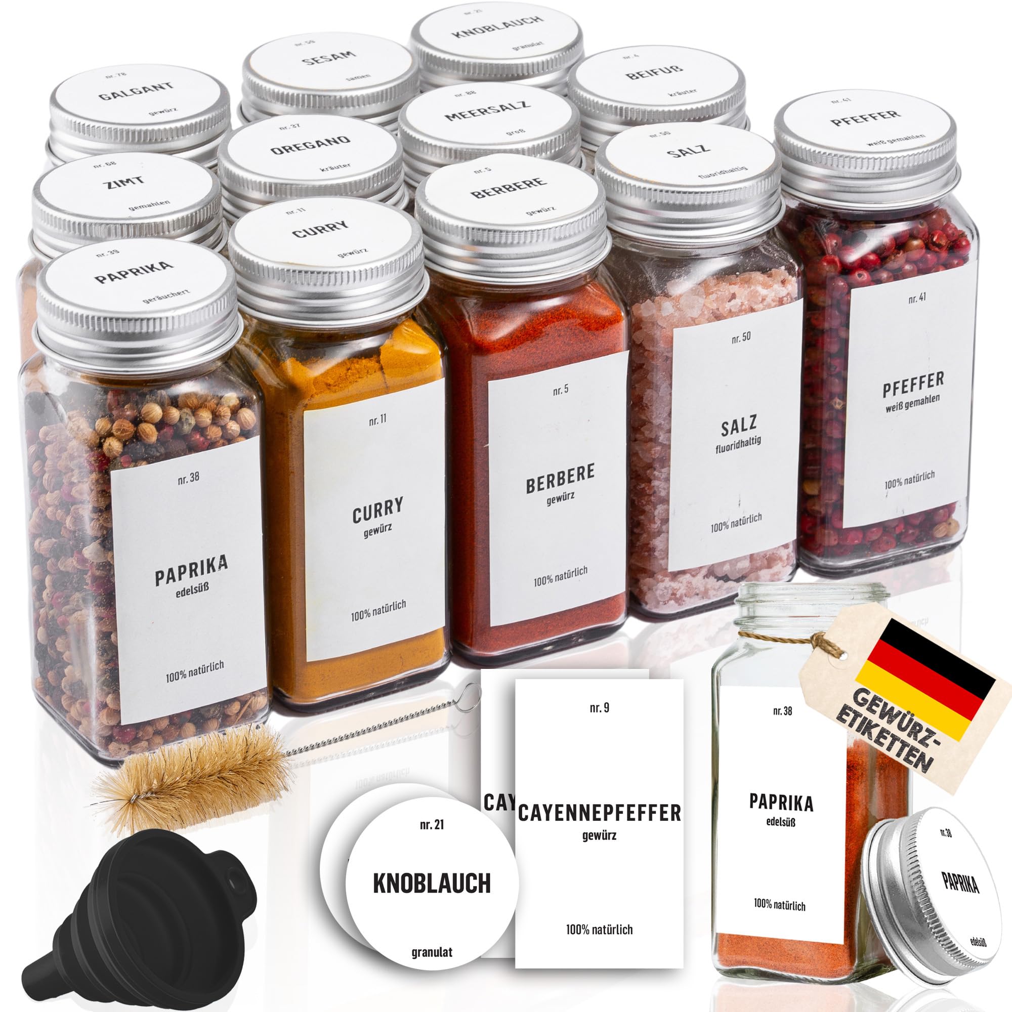Deco haus® Gewürzgläser eckig luftdicht 12er Set [inkl. Etiketten & Streueinsatz] - Gewürzdosen Set Glas - Gewürzbehälter Spice Jars - Gewürze Aufbewahrung - Behälter für Gewürze