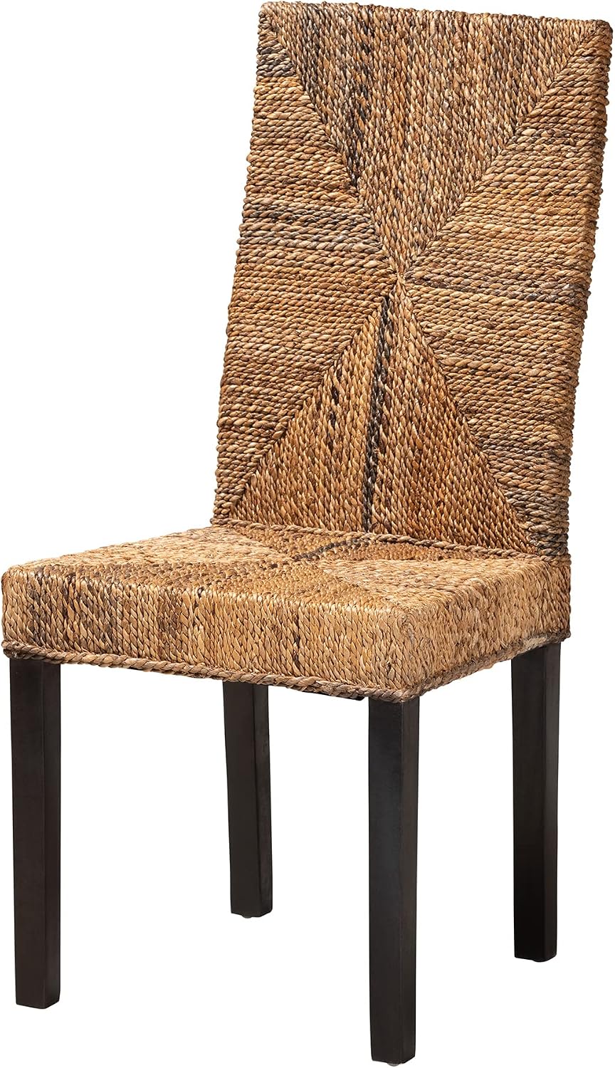 Bali & pari Laymi Modern Bohemian Dark Brown Finished Mahogany Wood and Seagrass Dining Chair