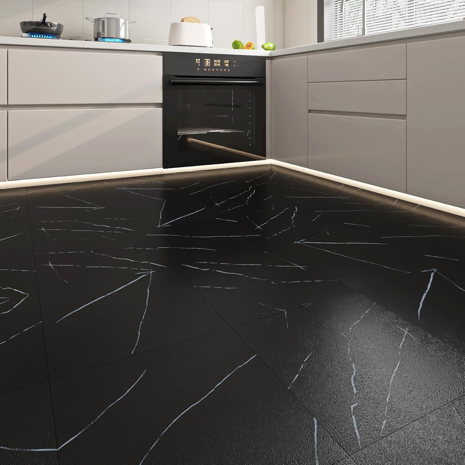 Self Adhesive Floor Tiles 12X12 in Matte Black Marble Peel and Stick Tile Waterproof Vinyl Flooring for Kitchen Bathroom Laundry Room RV Camper Mudroom Basement Entryway Trim Fast DIY Install 30 Pack