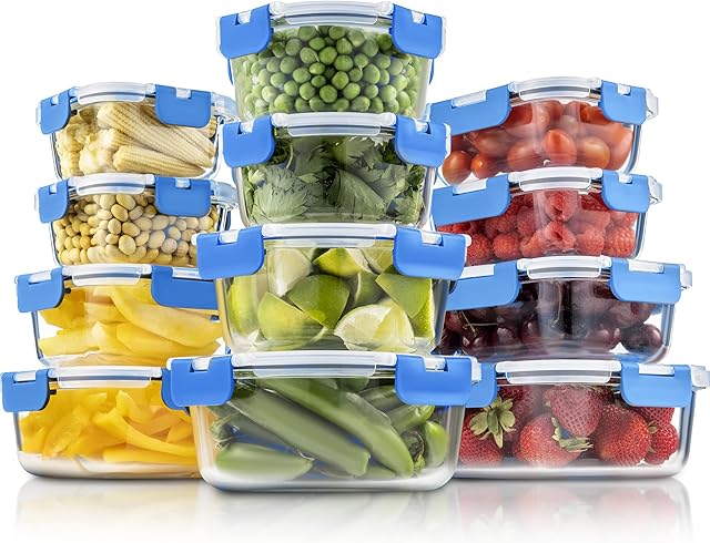 24-Piece Superior Glass Food Storage Containers Set - Airtight BPA-Free Locking Lids - 100% Leakproof Borosilicate Glass Meal Prep Food Containers With Lids - Freezer to Oven Safe Takeaway Lunch Boxes