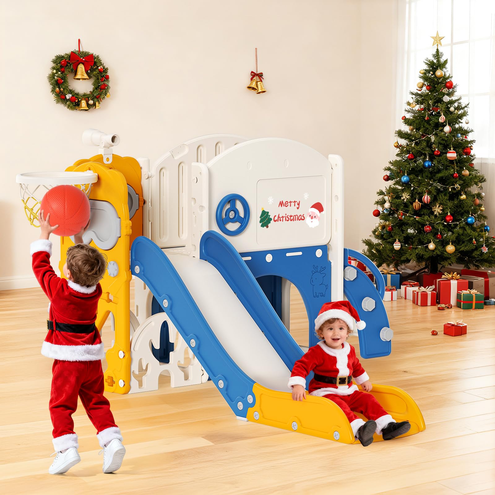 Scivolo per bambini, scivolo per bambini piccoli indipendente con canestro da basket, attrezzatura per parco giochi con scivolo, scivoli per all'aperto (Blue arancione-6 in 1)