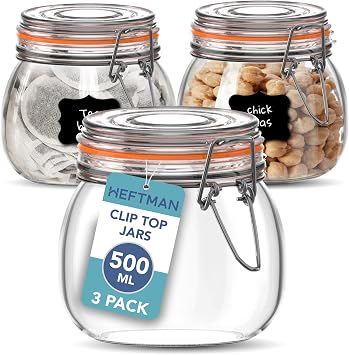 HEFTMAN Glass Clip Top Jar Set of 3, 500ml Airtight Glass Jars with Lids | Empty Glass Storage Jars with Silicone Seal, for Pasta, Sourdough Starter, Chutney, Kitchen Organisation