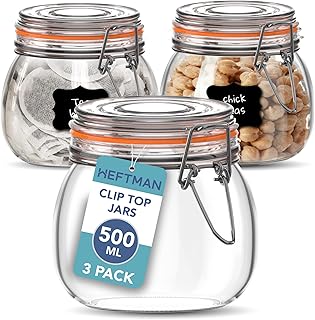 Glass Clip Top Jar Set of 3-500ml Airtight Glass Jars with Lids and Silicone Seal for Pasta, Sourdough Starter, Chutney - Kitchen Organisation Empty Glass Storage Jars (500ml - 3 Pack)