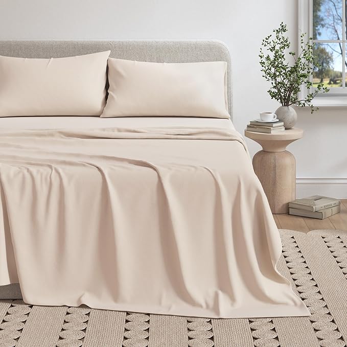 Great Bay Home Cotton Jersey Knit King Sheet Set - Ultra-Soft, Stretchy, Heathered Melange Oatmeal Bed Sheets - Cozy, Soft T-Shirt Sheet & Pillowcase Set