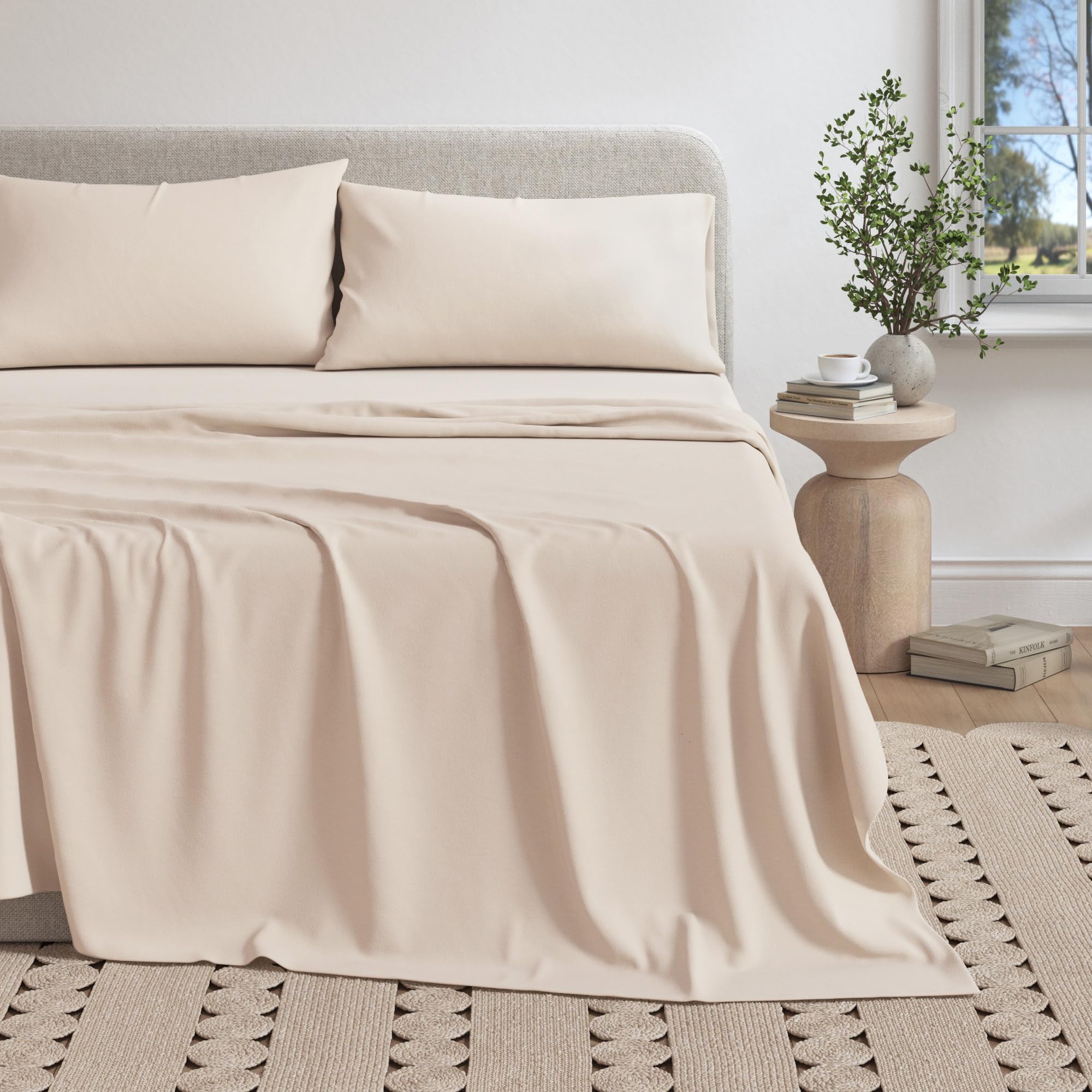 Parure de lit en jersey Carmen anti-draps froids et froissés pour grand lit Avoine