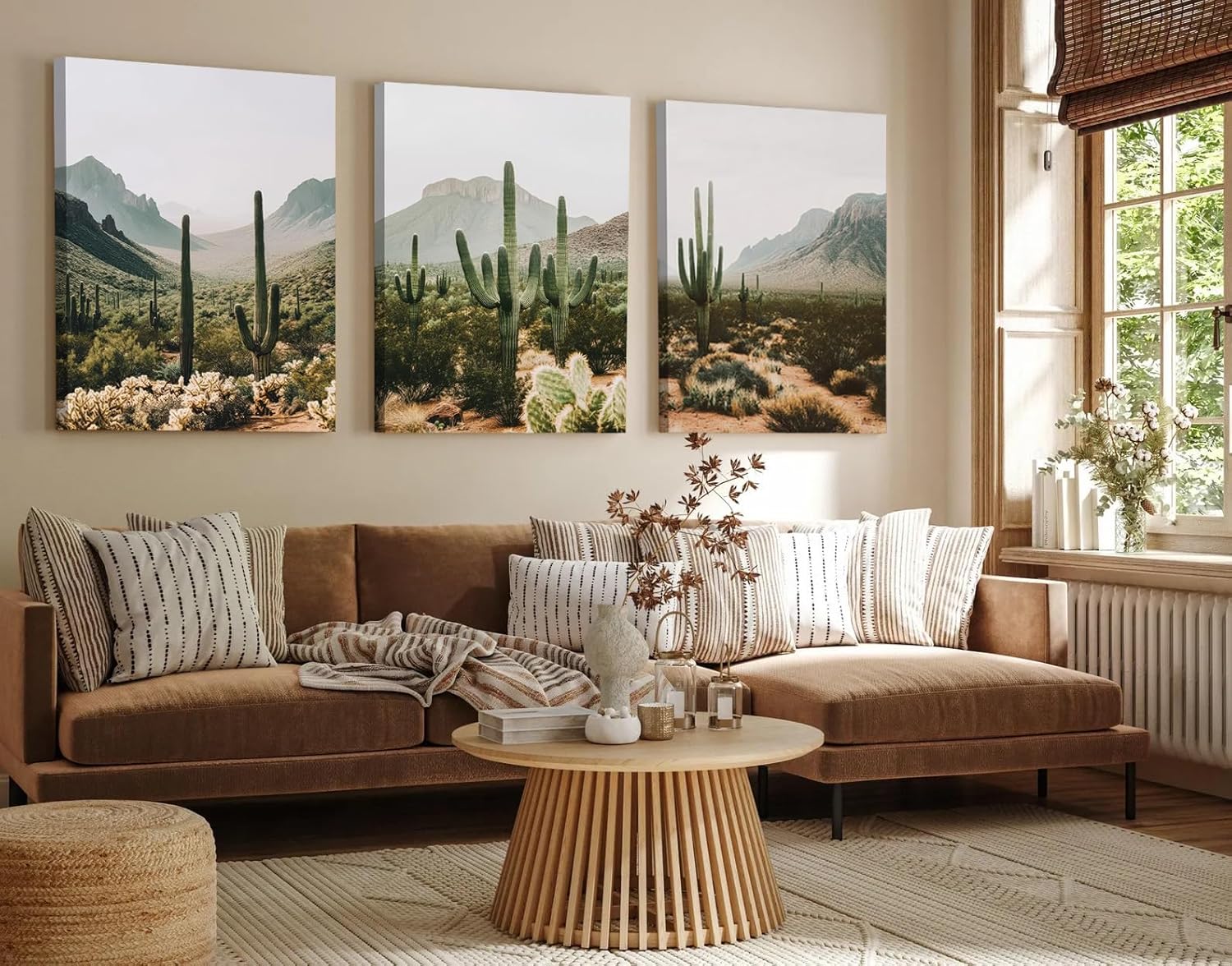 3Pcs Wild Plants Wall Art Tall Green Cactus Painting Picture Wall Decor Green Wilderness Desert High Mountains Poster Print Artwork for Living Room Bedroom 12x16 Inch Framed