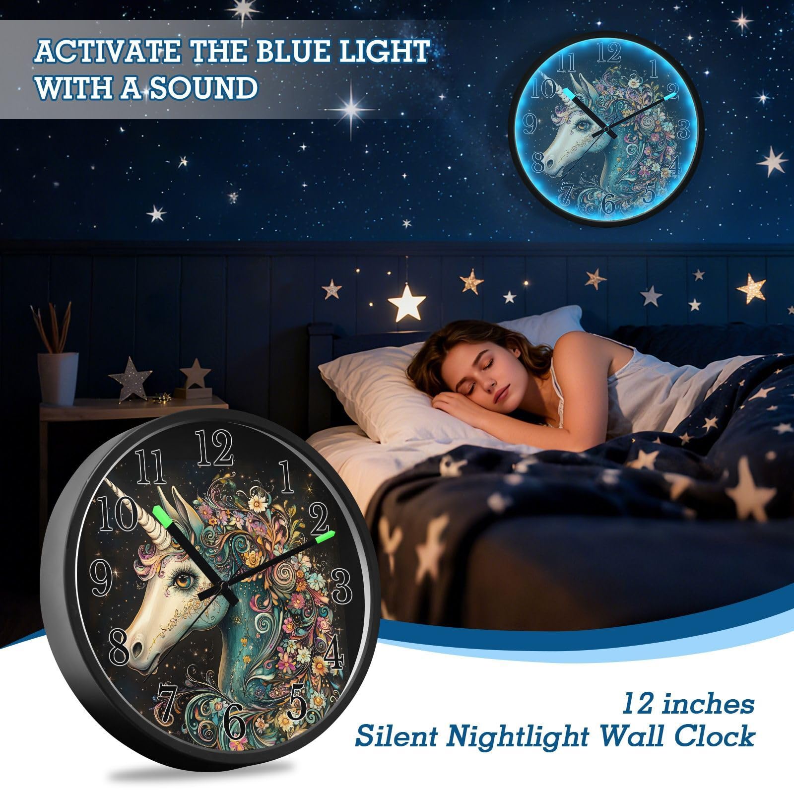 Mnsruu Reloj de pared luminoso con diseño de unicornio y flor de caballo, funciona con pilas, reloj silencioso que brilla en la oscuridad para sala de estar y cocina, 30,5 cm
