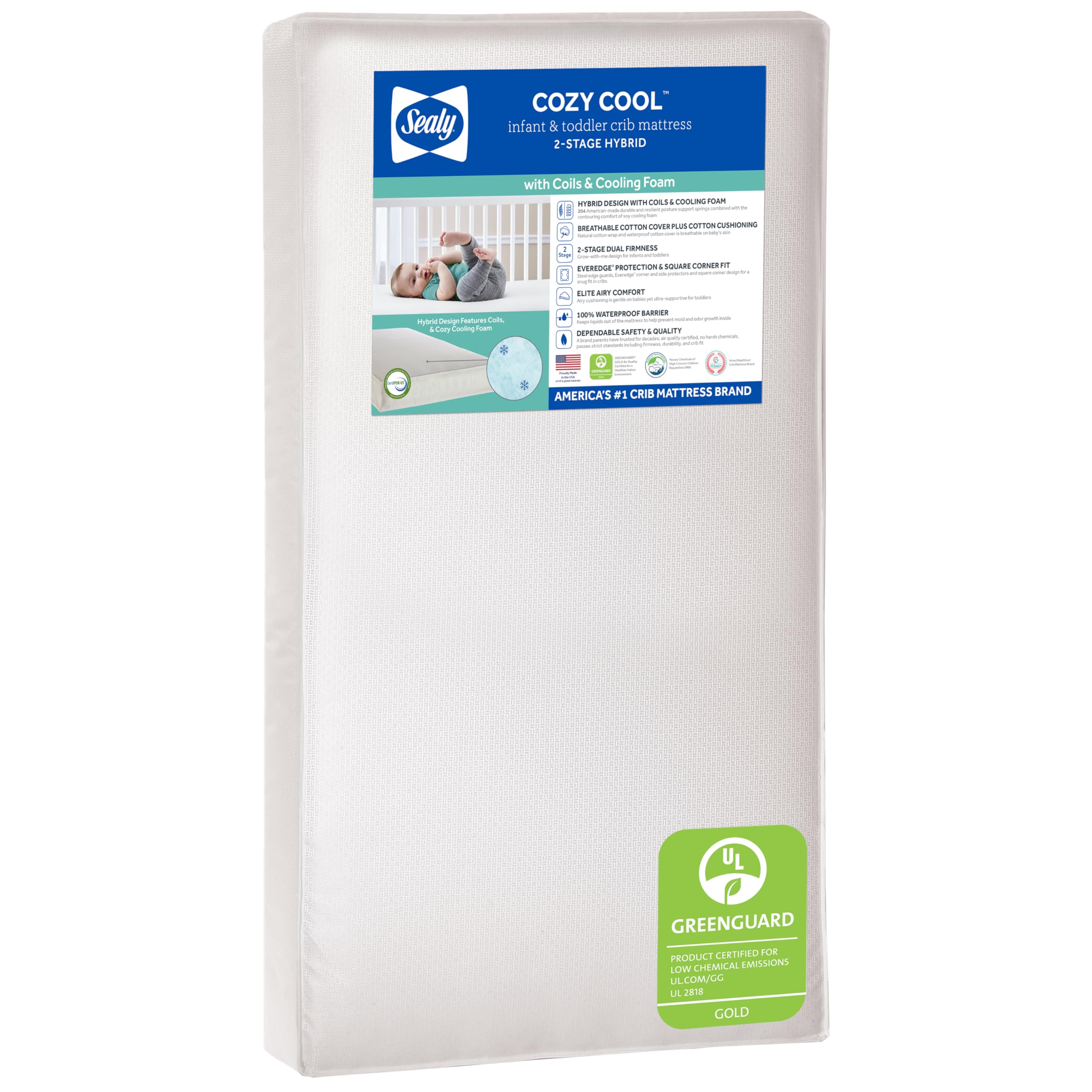 Sealy Baby Cozy Cool Hybrid Breathable Crib Mattress, GREENGUARD GOLD Certified, Made in USA, Cooling Foam, 2 Stage, Toddler Bed Fit, 204 Coils & Cotton Cover, Safety & Quality Tested, 52x28"
