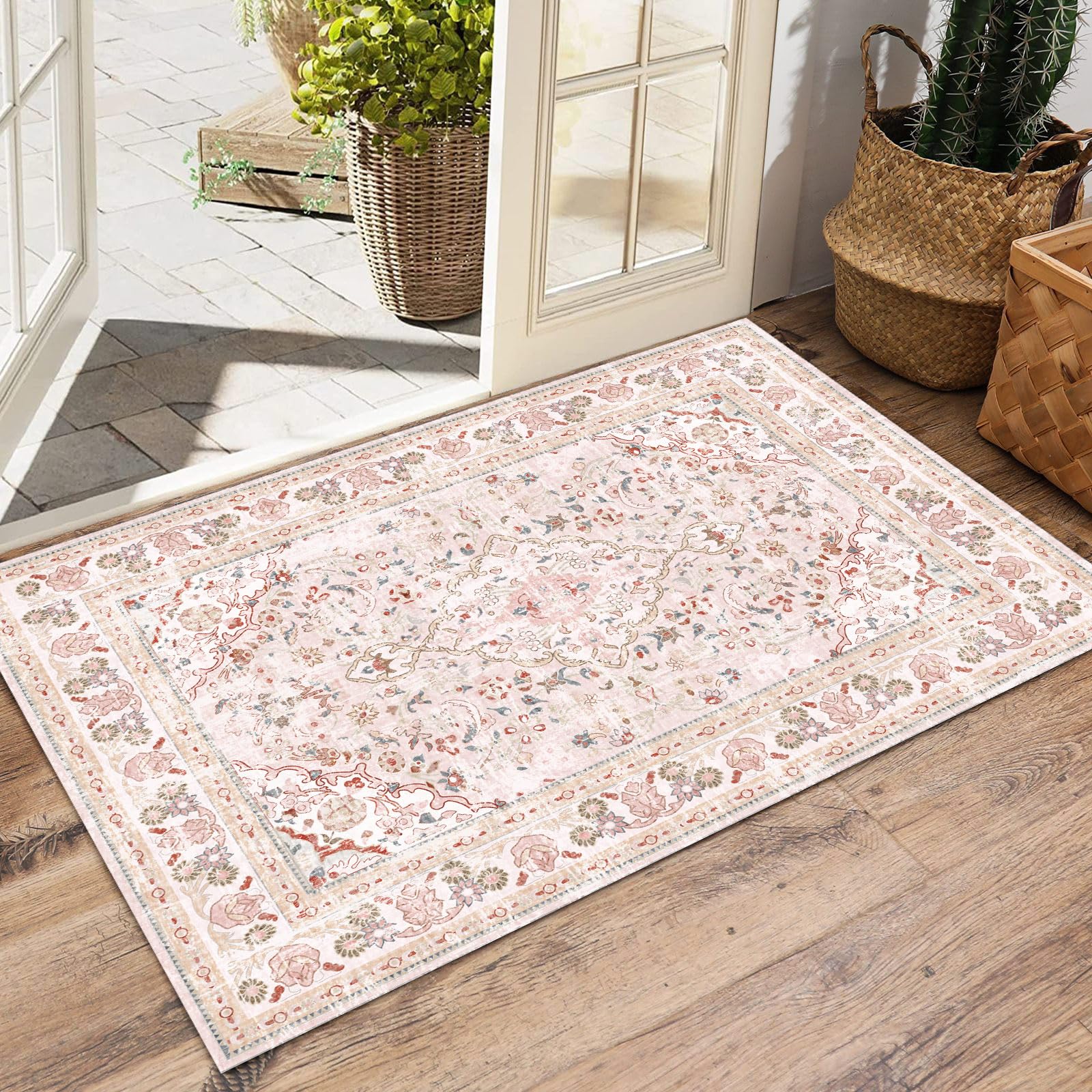 Vhong Small Modern Neutral Vintage Bohemian Washable Rug for Bathroom, Kitchen, Entryway, Girl's Bedroom, Children's Bedroom, Non-Slip