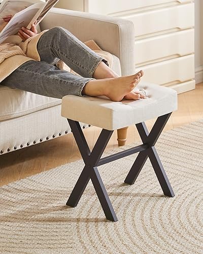 Miniatura 5 de IBUYKE - Taburete de tocador de lino en forma de U, silla de maquillaje cuadrada con pata en X, taburete otomano con reposapiés, multiusos como