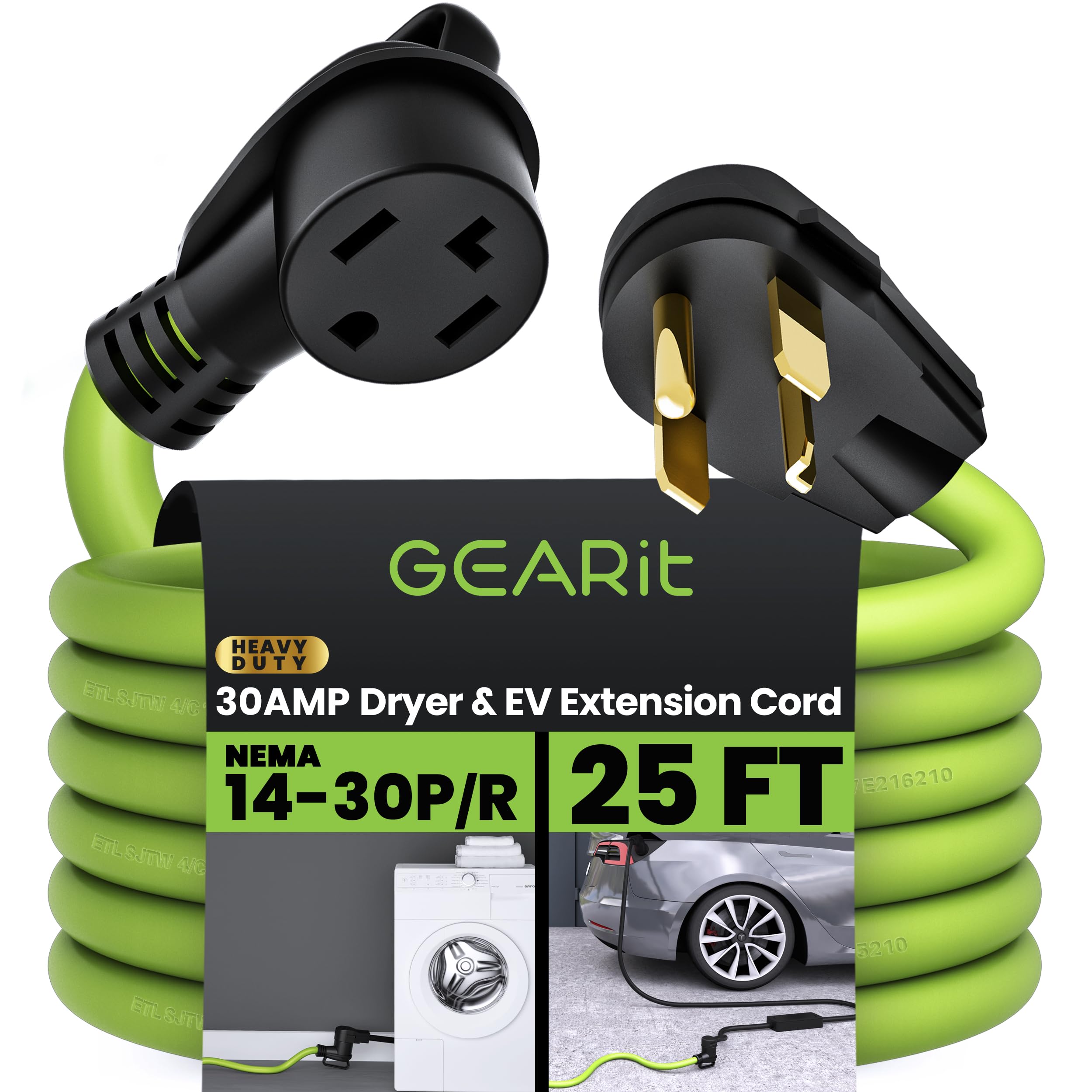 GearIT 30-Amp 4-Prong Extension Cord for Dryer and EV (25 Feet) 125/250-Volt, NEMA 14-30P to 14-30R, Electric Dryer/Tesla Model 3/S/X/Y Level 2 EV Charging Power Cable STW 10AWG/4C - 25ft