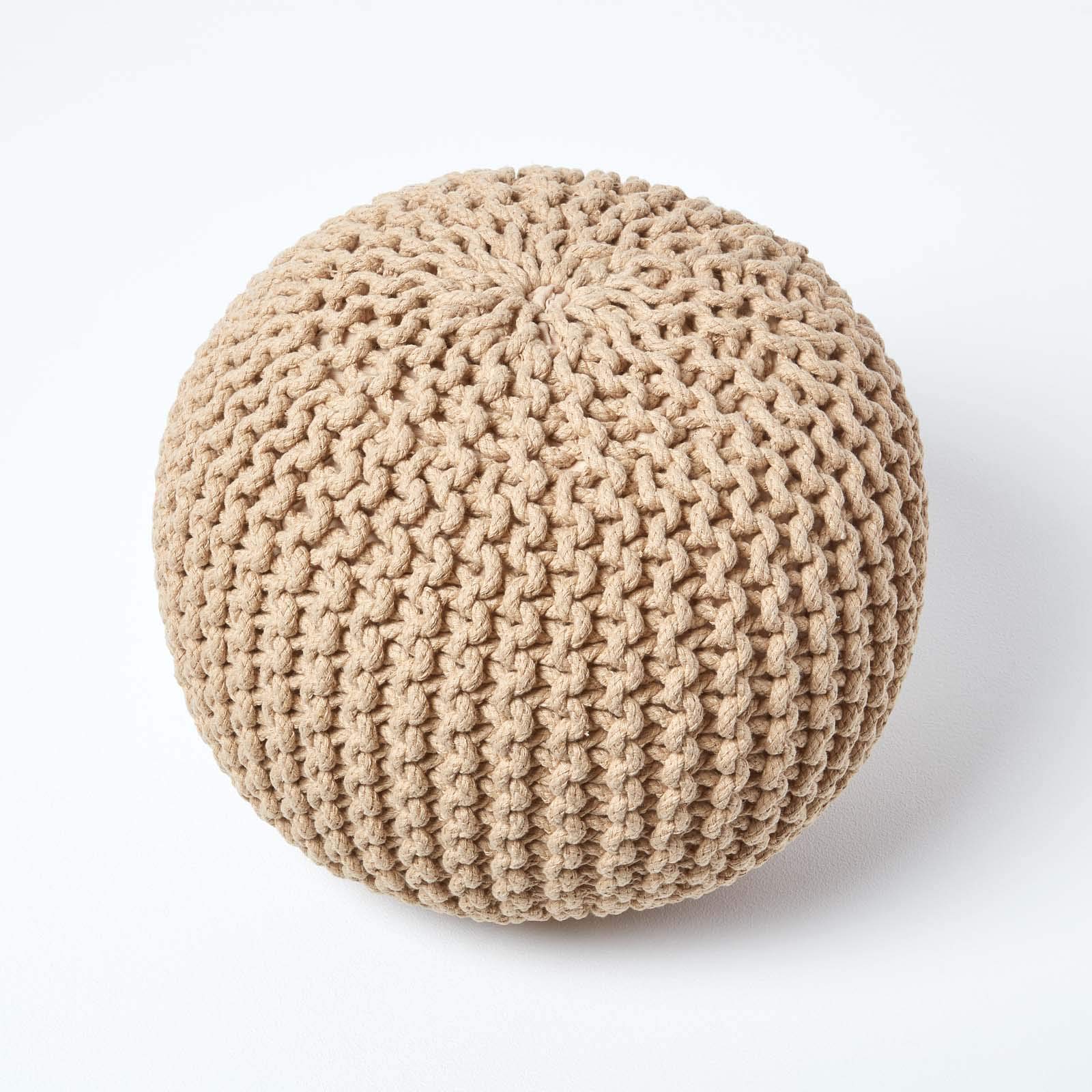 HOMESCAPES Pouf rotondo intrecciato in cotone, pouf lavorato a maglia, colore beige, 40 x 35 cm