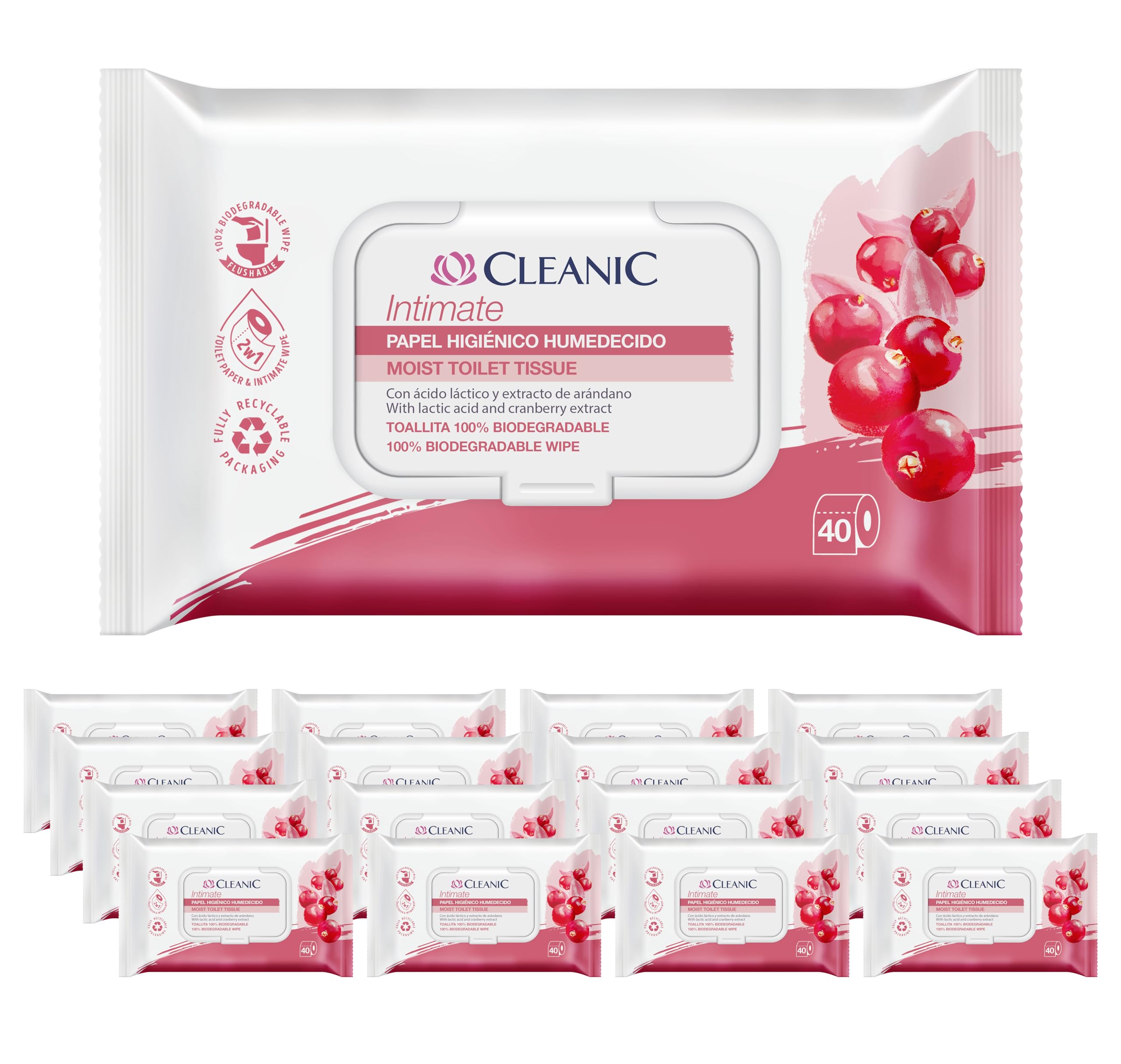 Cleanic Intimate Papel Higiénico Húmedo desechable - combina papel húmedo y toallitas. Limpia la zona íntima con extracto de arándano y prebiótico. 640 unidades (16x40)