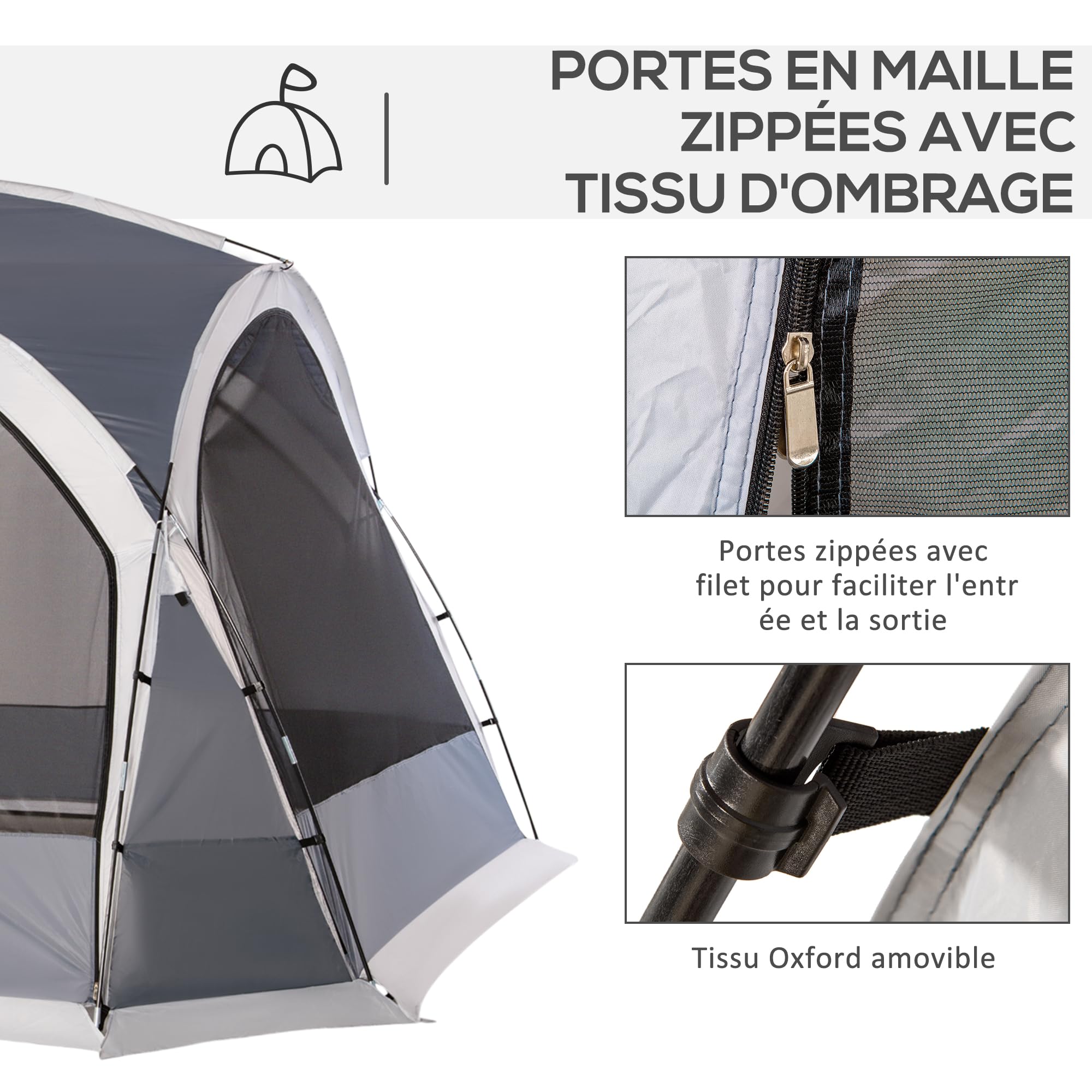 Outsunny Tente de Camping dôme familiale pour 6-8 Personnes avec 4 Portes en Filet zippées, Tissu Oxford Amovible, Crochet pour Lampe, Sac de Transport dim. 350L x 350l x 230H cm - Blanc et Gris