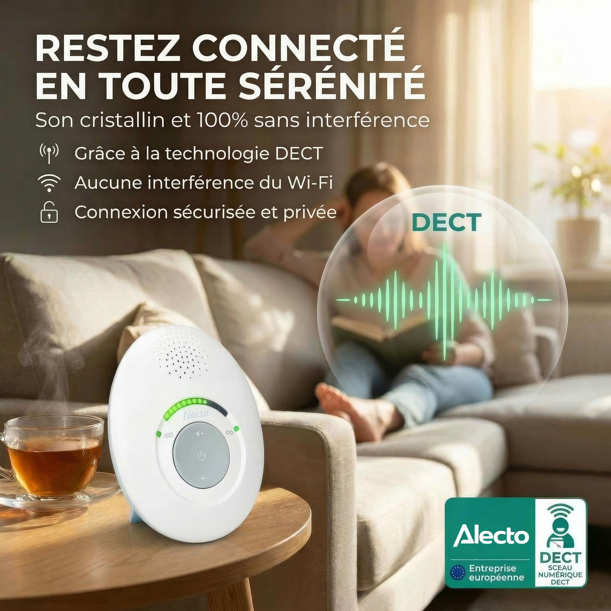 Alecto DBX110 Audio Babyphone - Interphone bébé numérique avec DECT - 300 m - design compact - échelle de volume LED - fonction VOX - faible rayonnement - blanc
