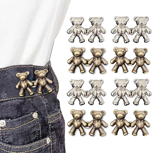 Juego de 8 pines de botones ajustables sin coser, ajustador de botón perfecto para jeans, pantalones, faldas, ropa (plata + cobre)